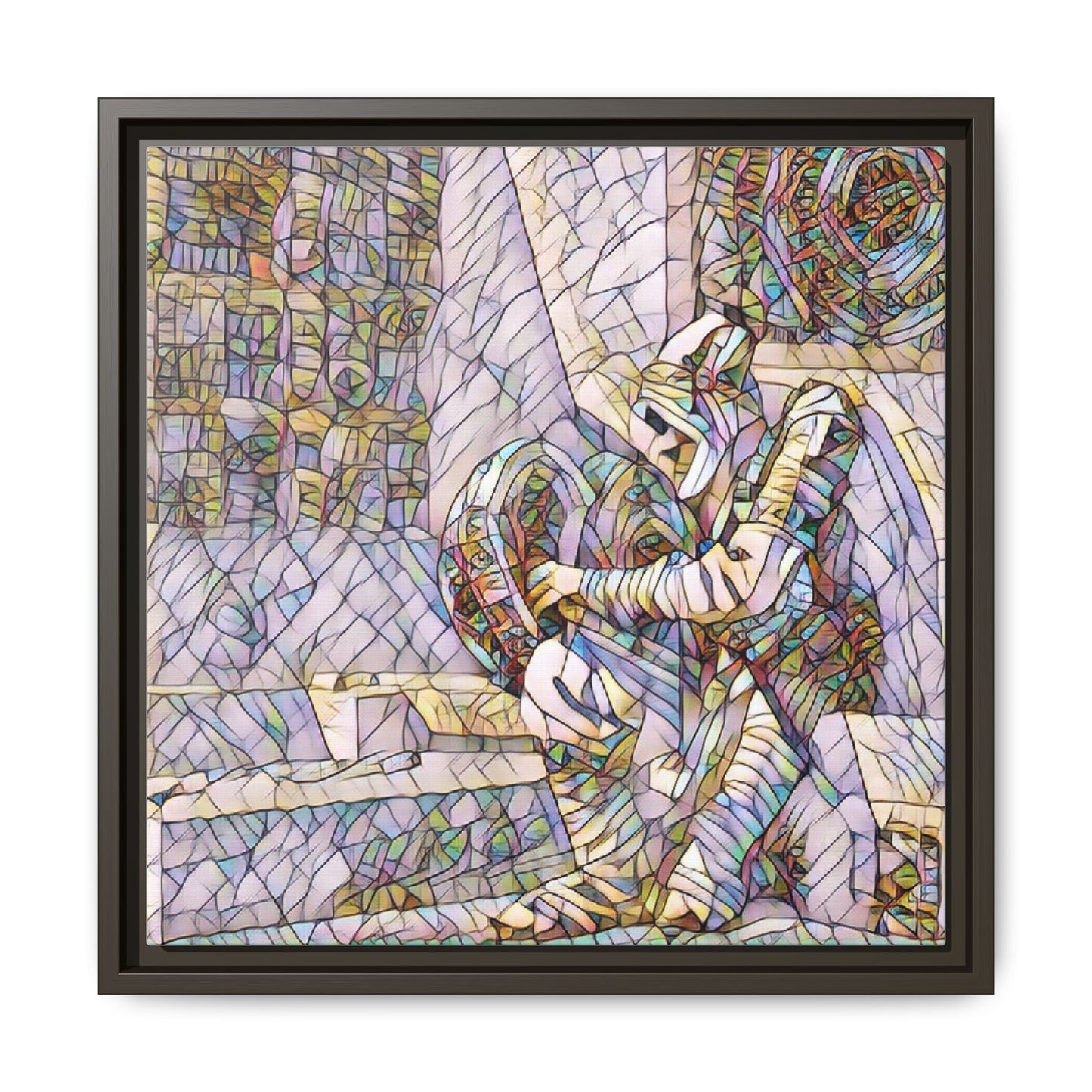 Framed Matte Canvas Art — Colorful Stained-Glass Astronaut Embrace