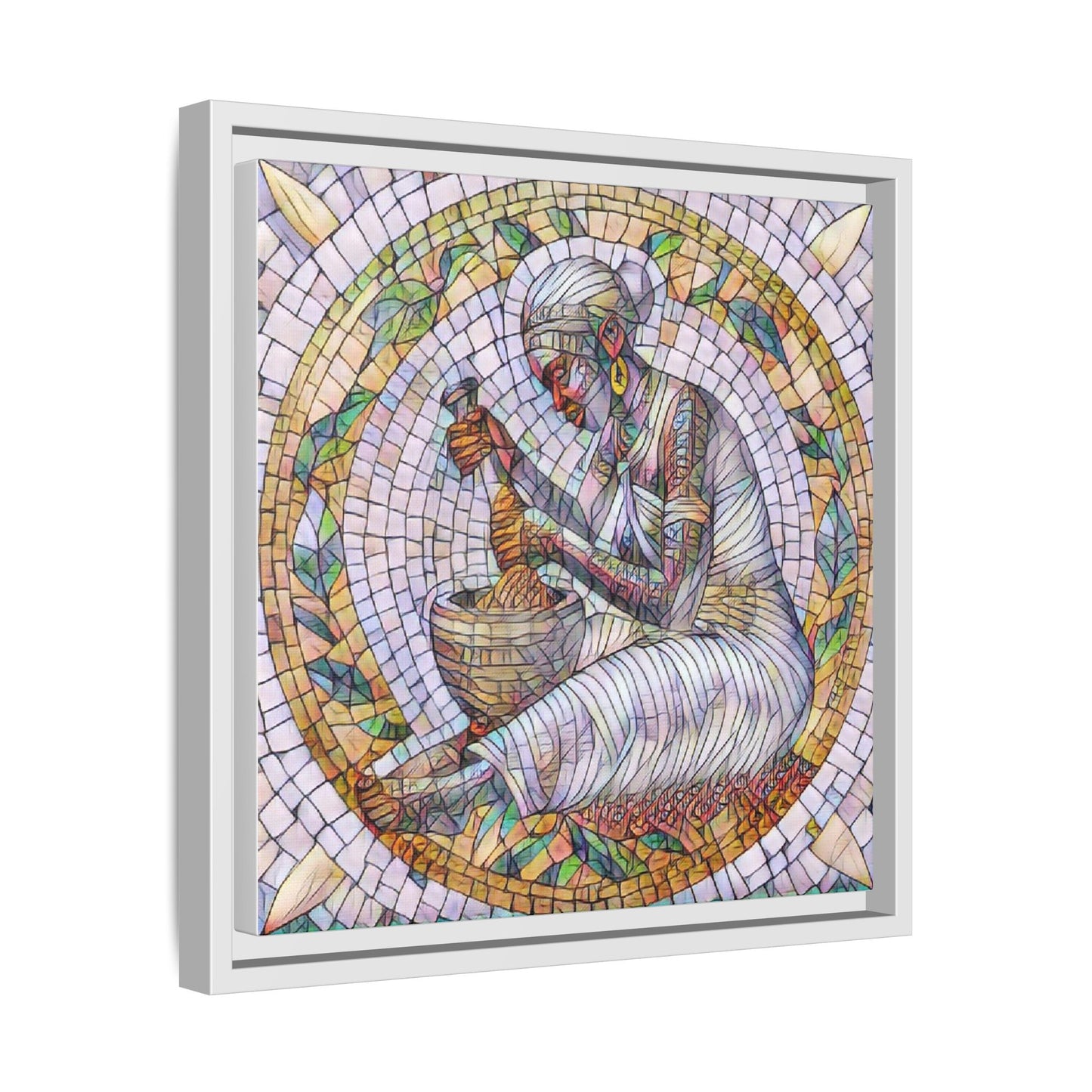 Framed Mosaic Art Print — Woman Grinding Grain (Matte Canvas)