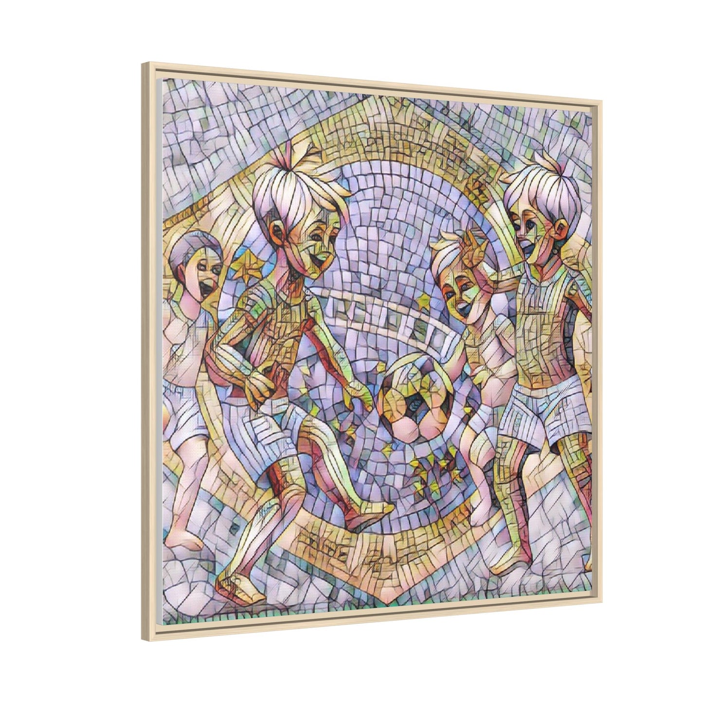 Framed Matte Canvas – Vintage Mosaic Kids Playing Soccer Art