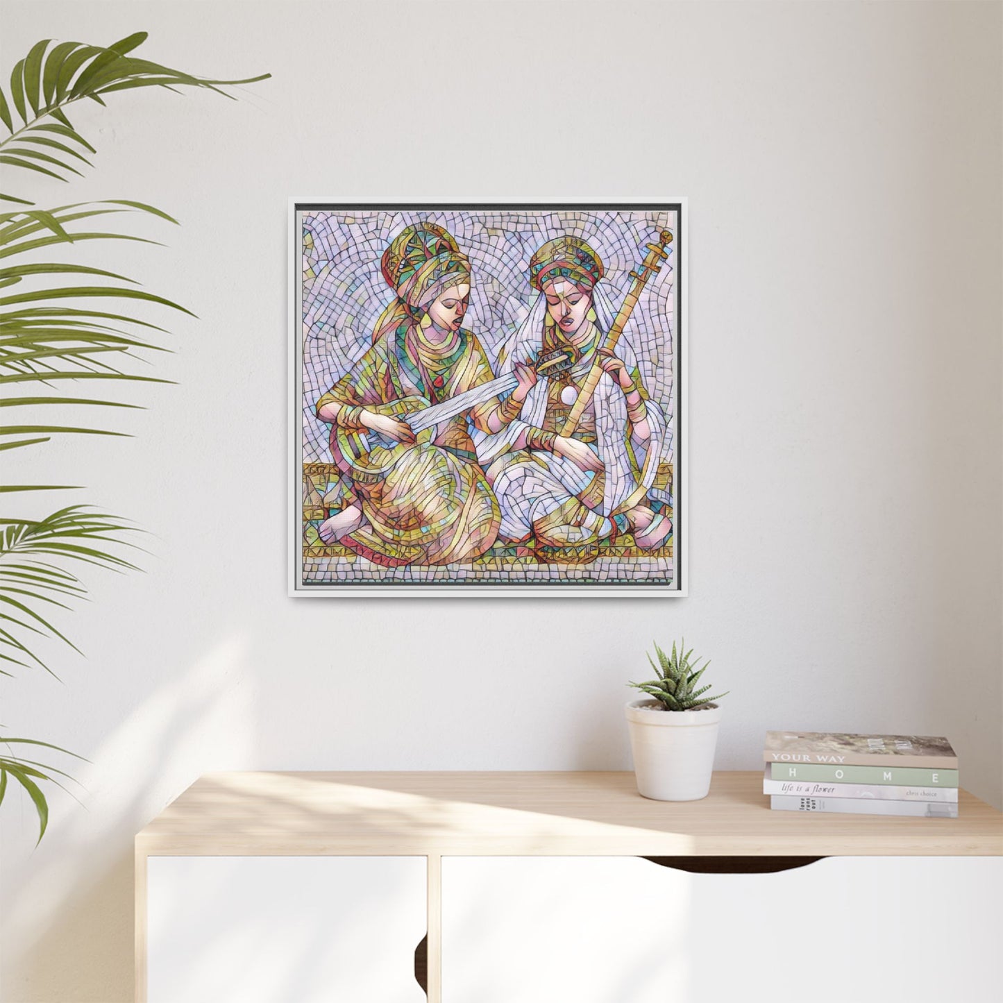 Framed Mosaic Art Print — Two Women Playing Lutes (Matte Canvas)