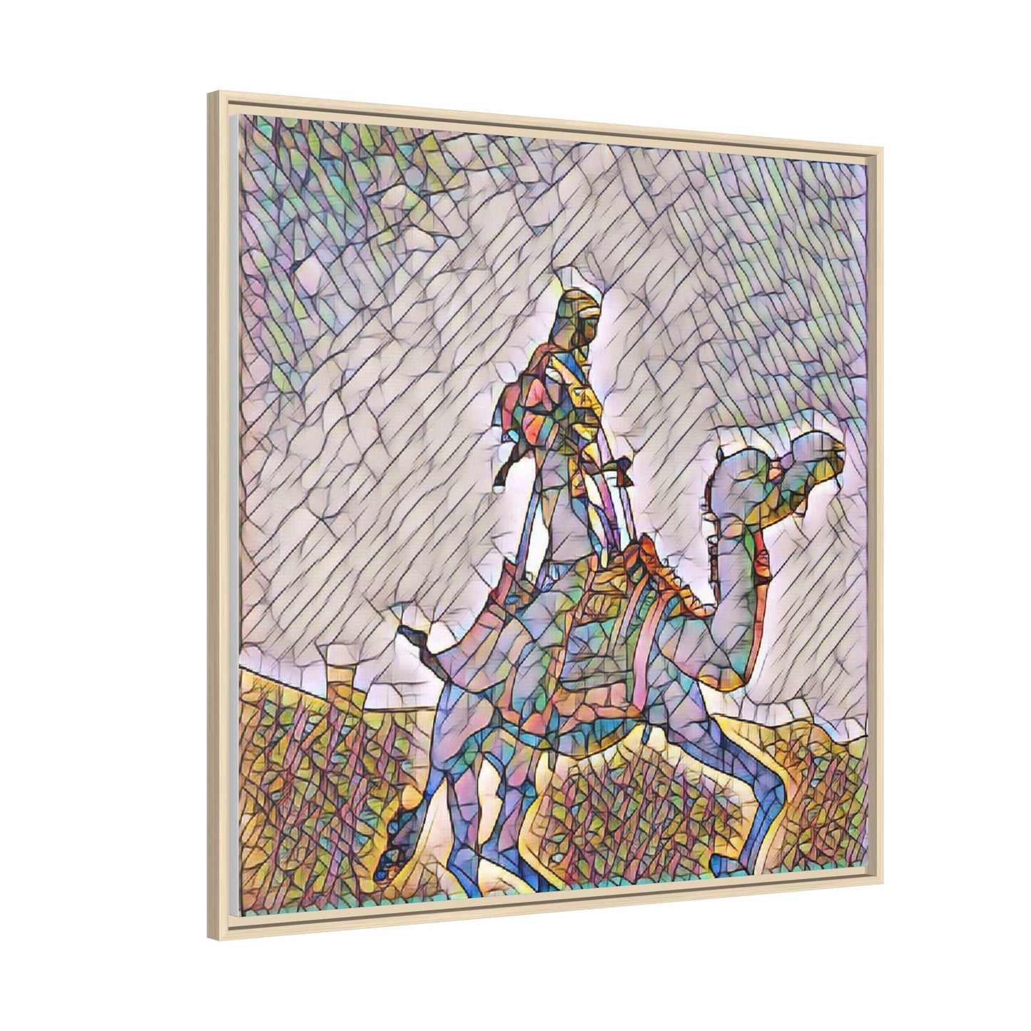 Framed Camel Rider Matte Canvas Art — Colorful Mosaic Desert Wall Decor