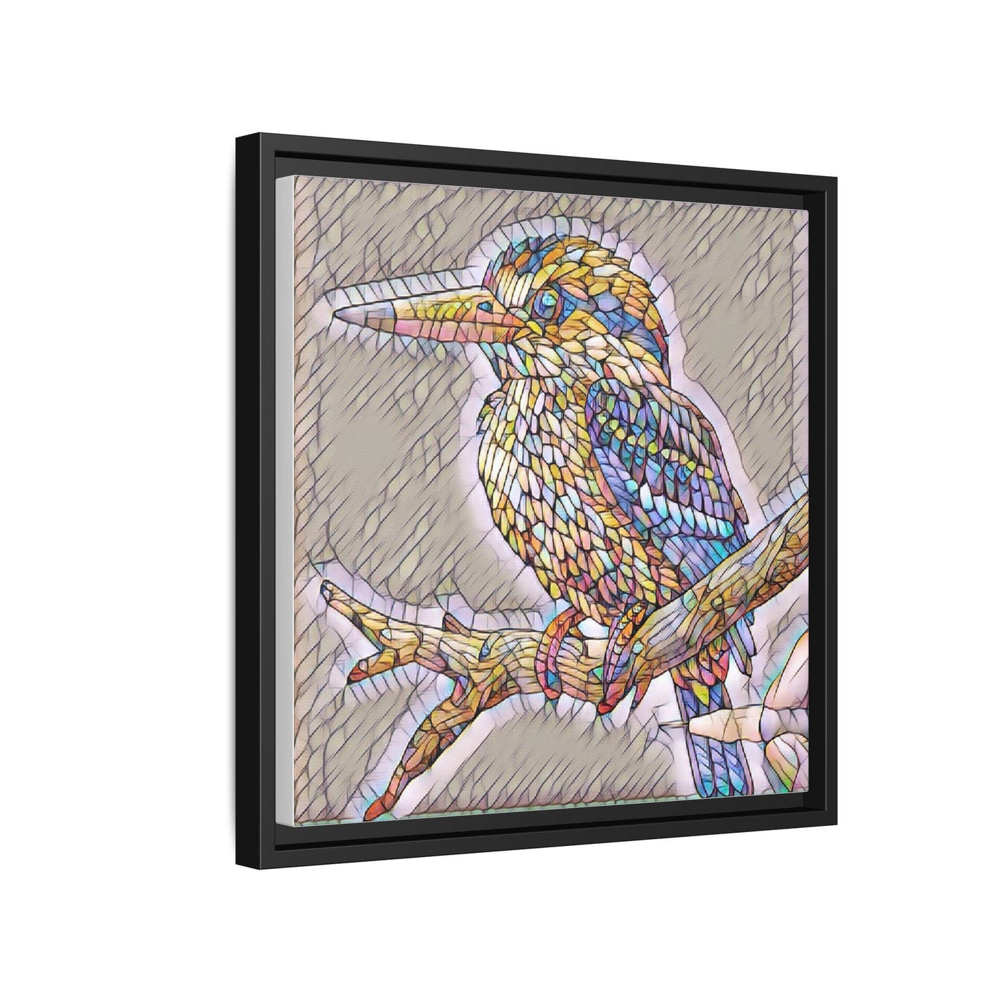 Colorful Kingfisher Framed Canvas Wall Art — Stained-Glass Style Bird Print