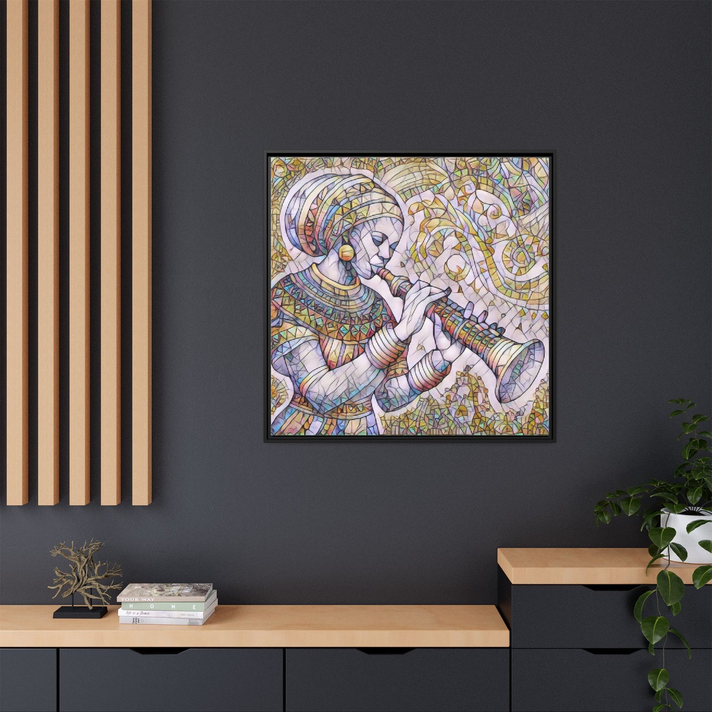 Egyptian Flutist Mosaic Matte Canvas Framed Art