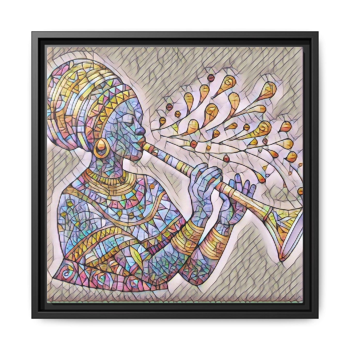 Framed Matte Canvas Art – Colorful African Musician Trumpet Print