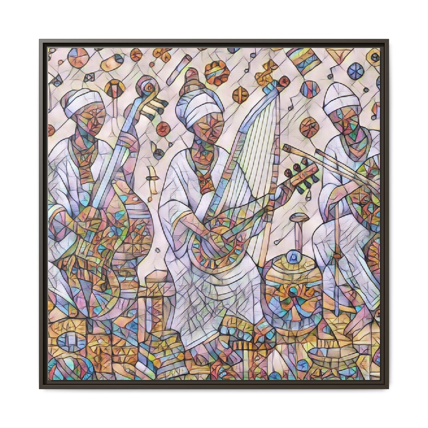 Framed Matte Canvas Print — Colorful African Musicians Stained-Glass Art