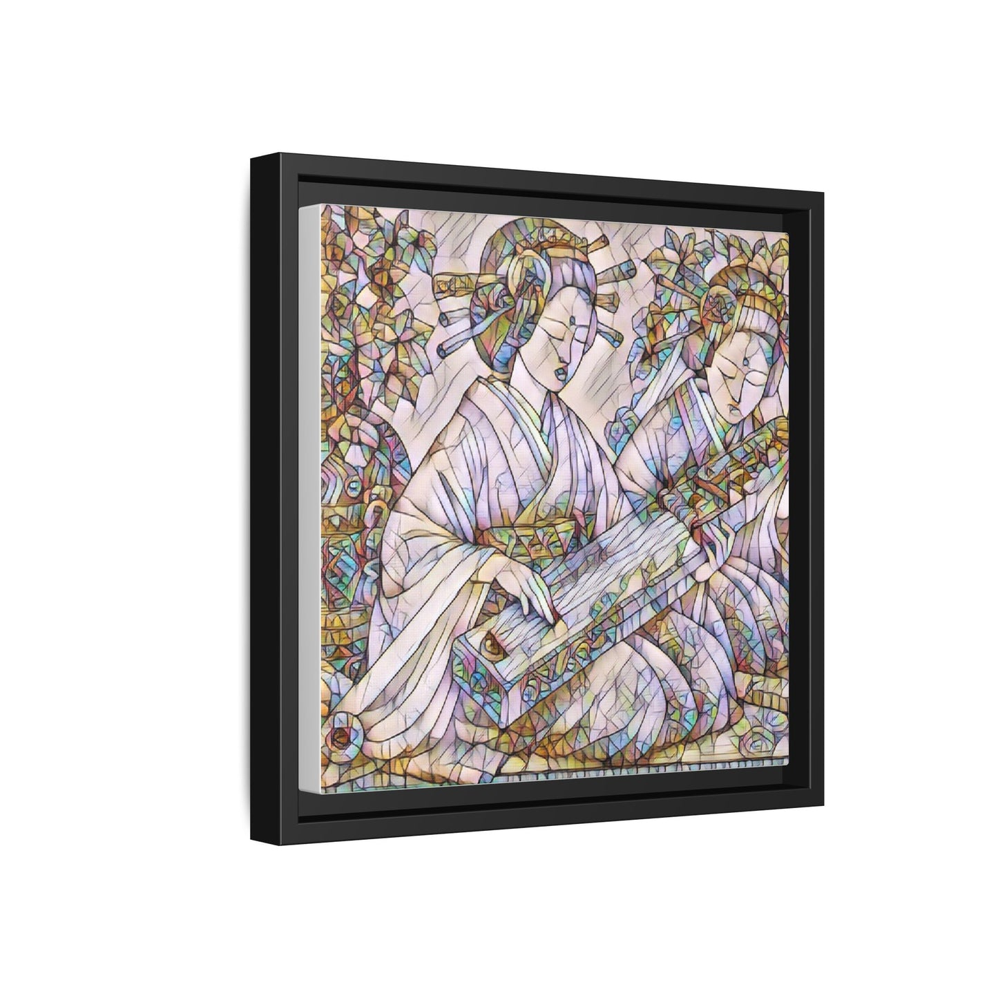 Framed Matte Canvas Print — Stained-Glass Geisha Duo