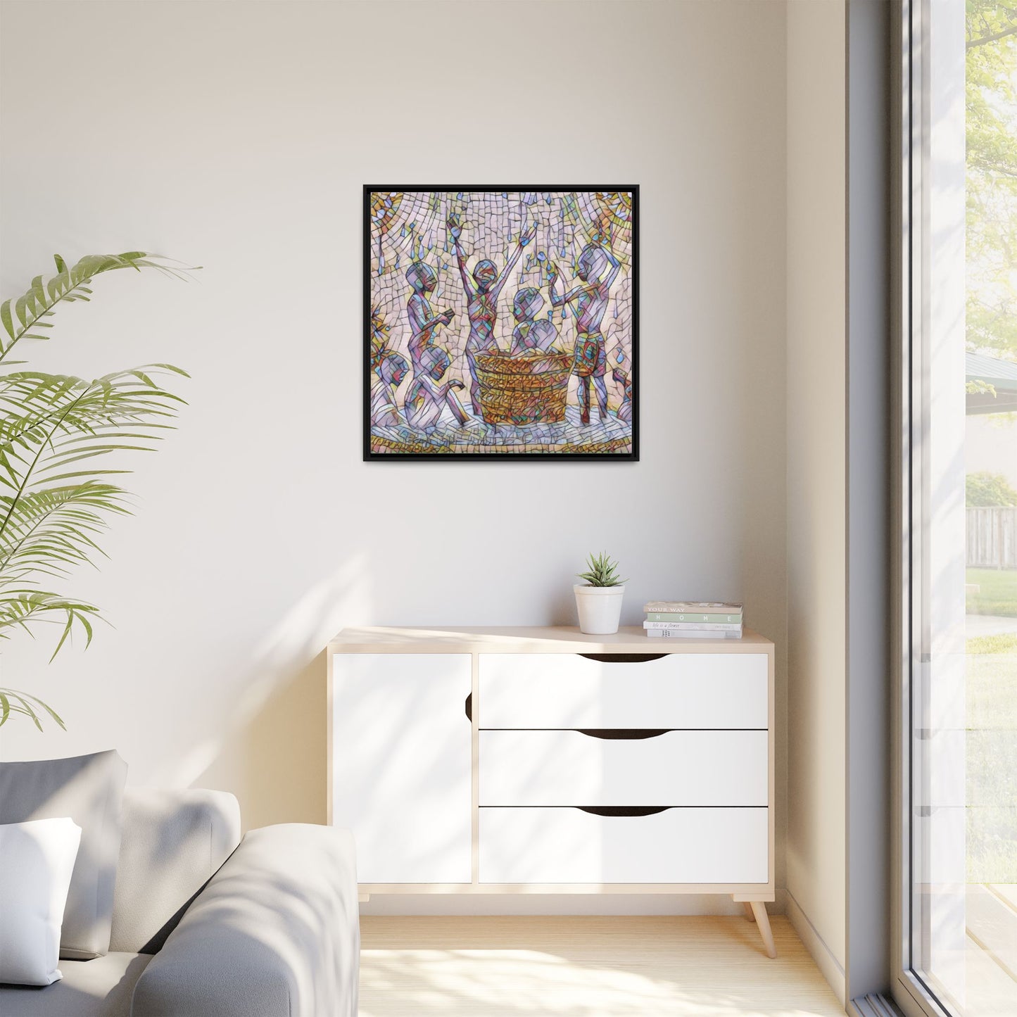Framed Matte Canvas Art — Children Playing Mosaic Illustration