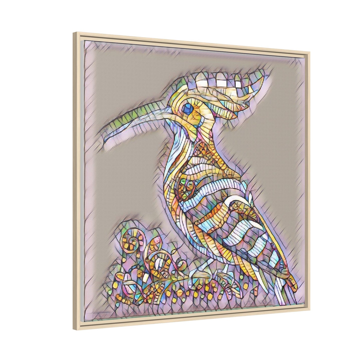 Colorful Mosaic Bird Framed Canvas Art — Whimsical Hoopoe Wall Decor