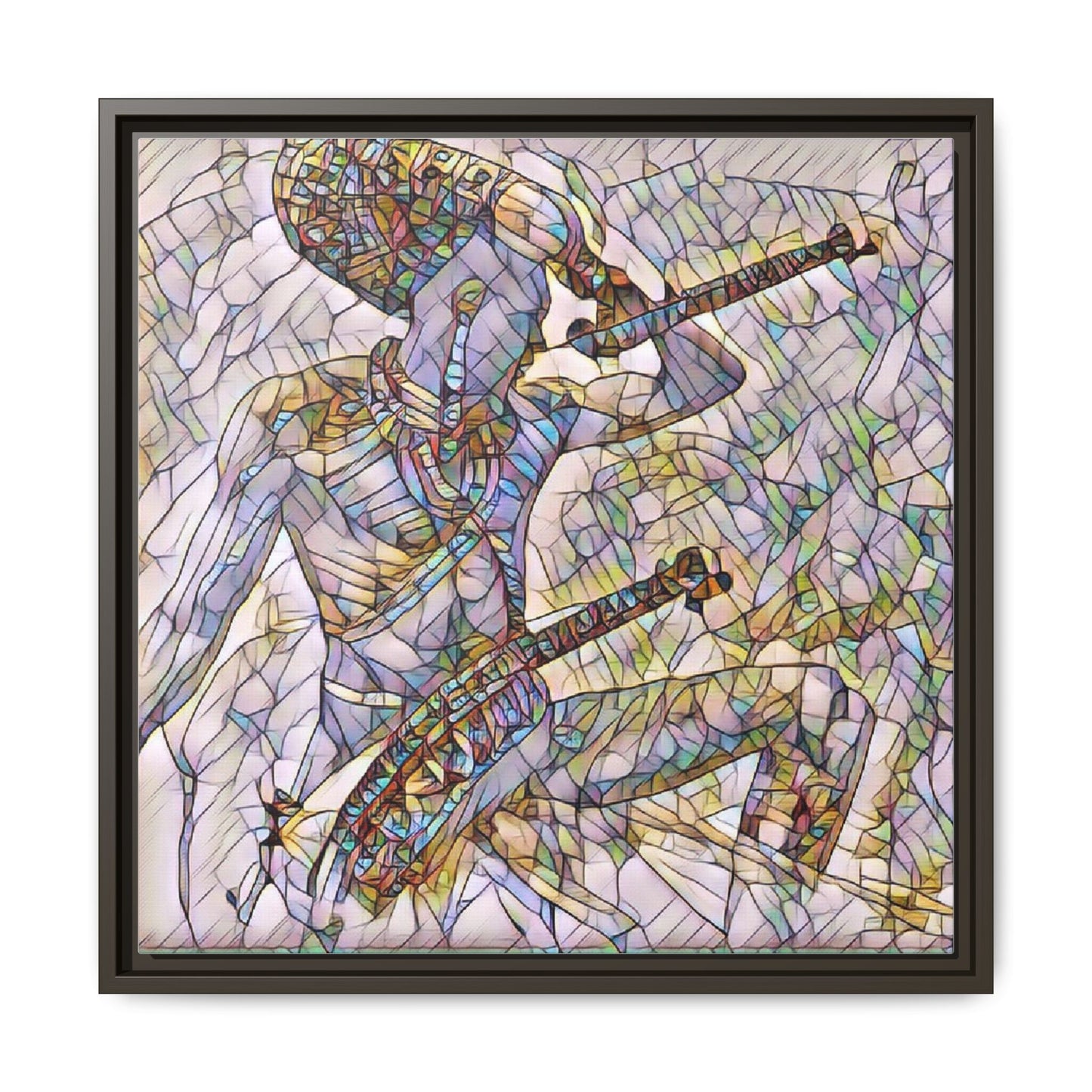 Stained Glass Blue Musician — Framed Matte Canvas Art