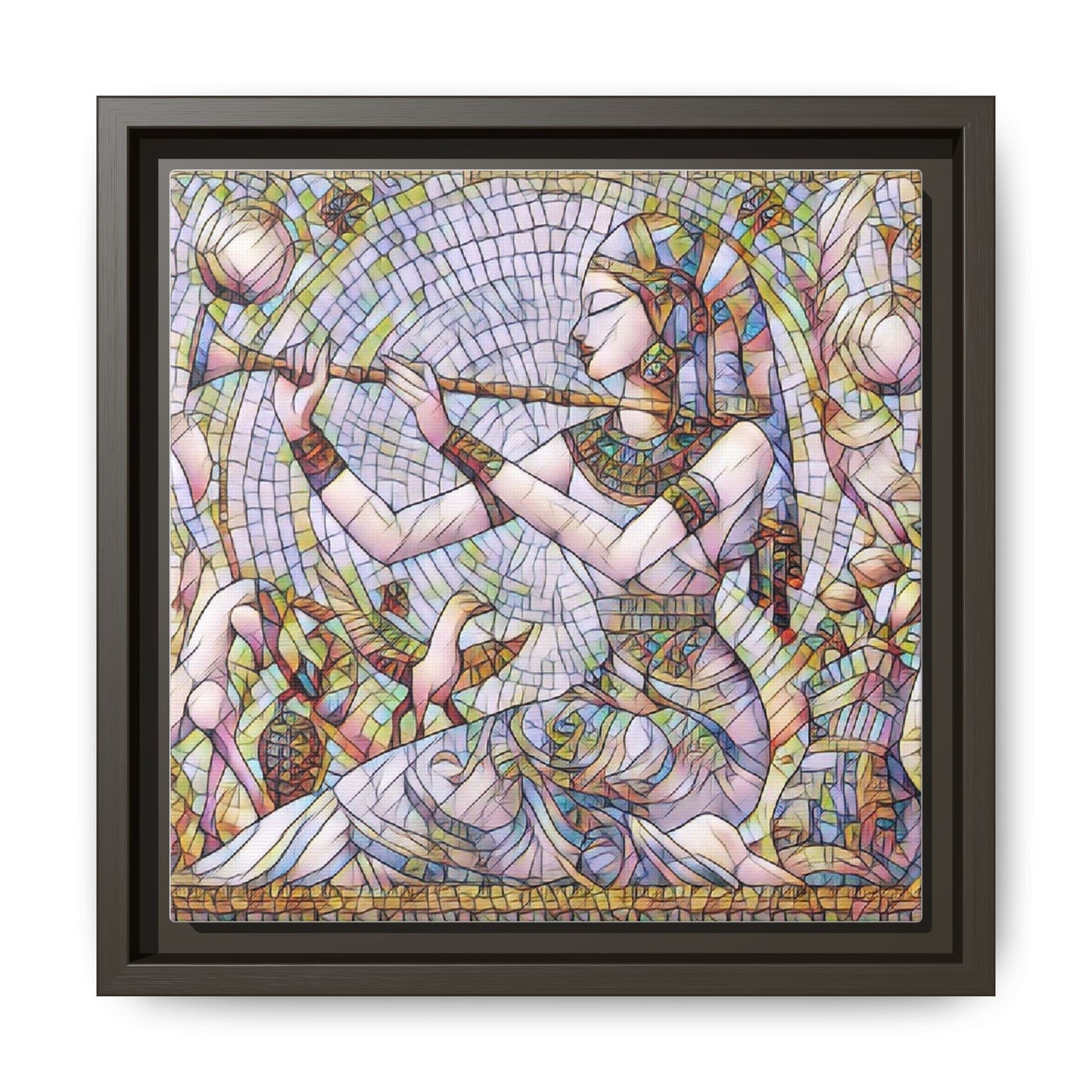 Egyptian Flute Player Framed Canvas Art — Colorful Mosaic Wall Decor