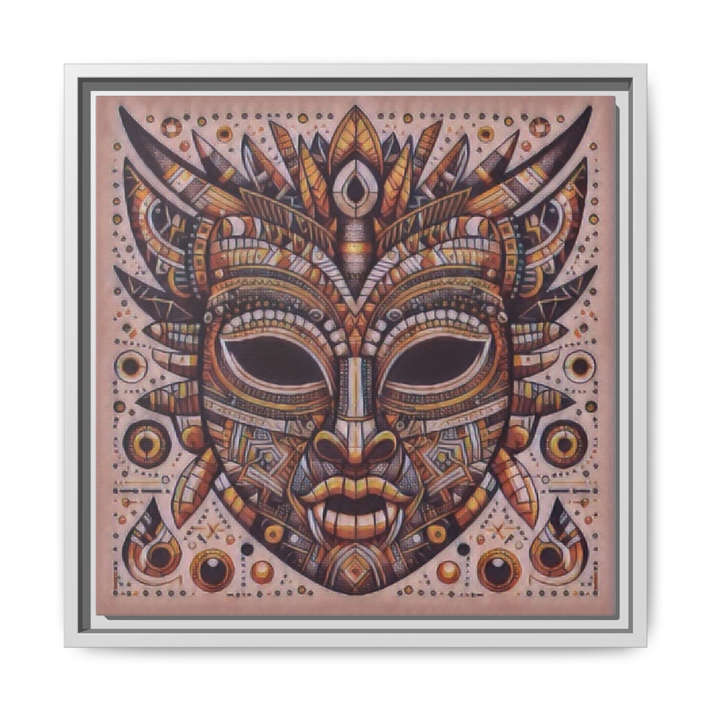 Tribal Mask Framed Canvas Art — Multicolor Matte Wall Decor