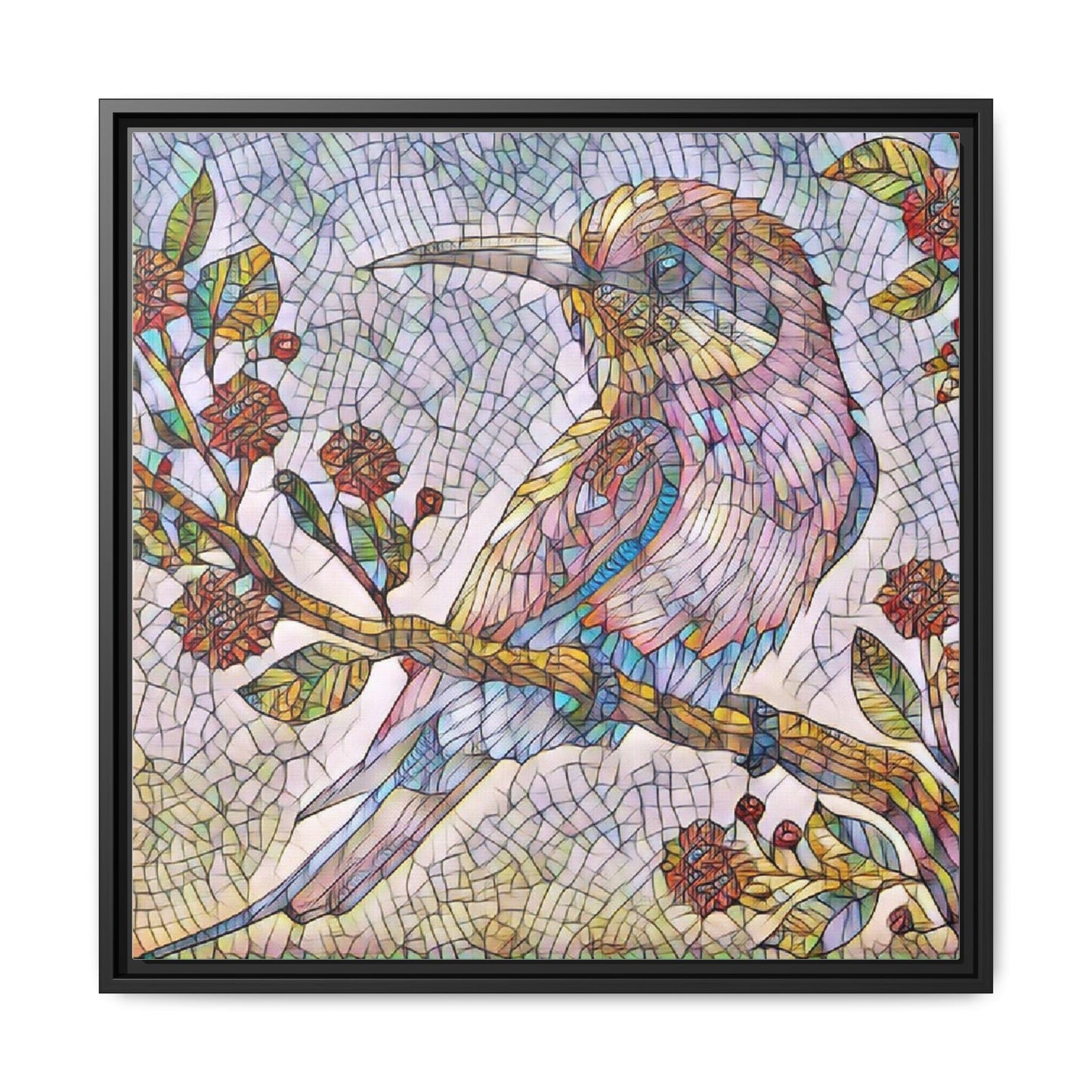 Framed Mosaic Bird Art Print — Colorful Kookaburra Wall Canvas
