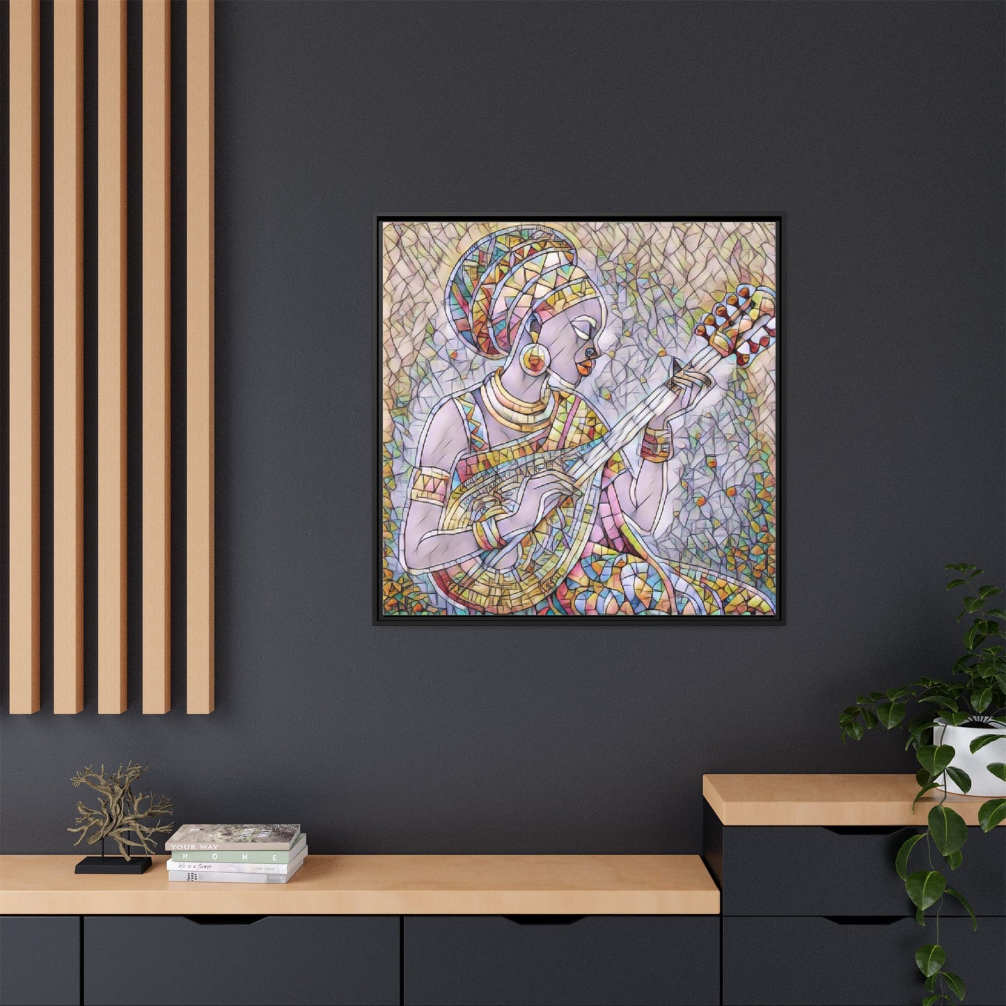 Framed Canvas Art — Colorful African Woman Playing Lute (Matte Multi‑Color)
