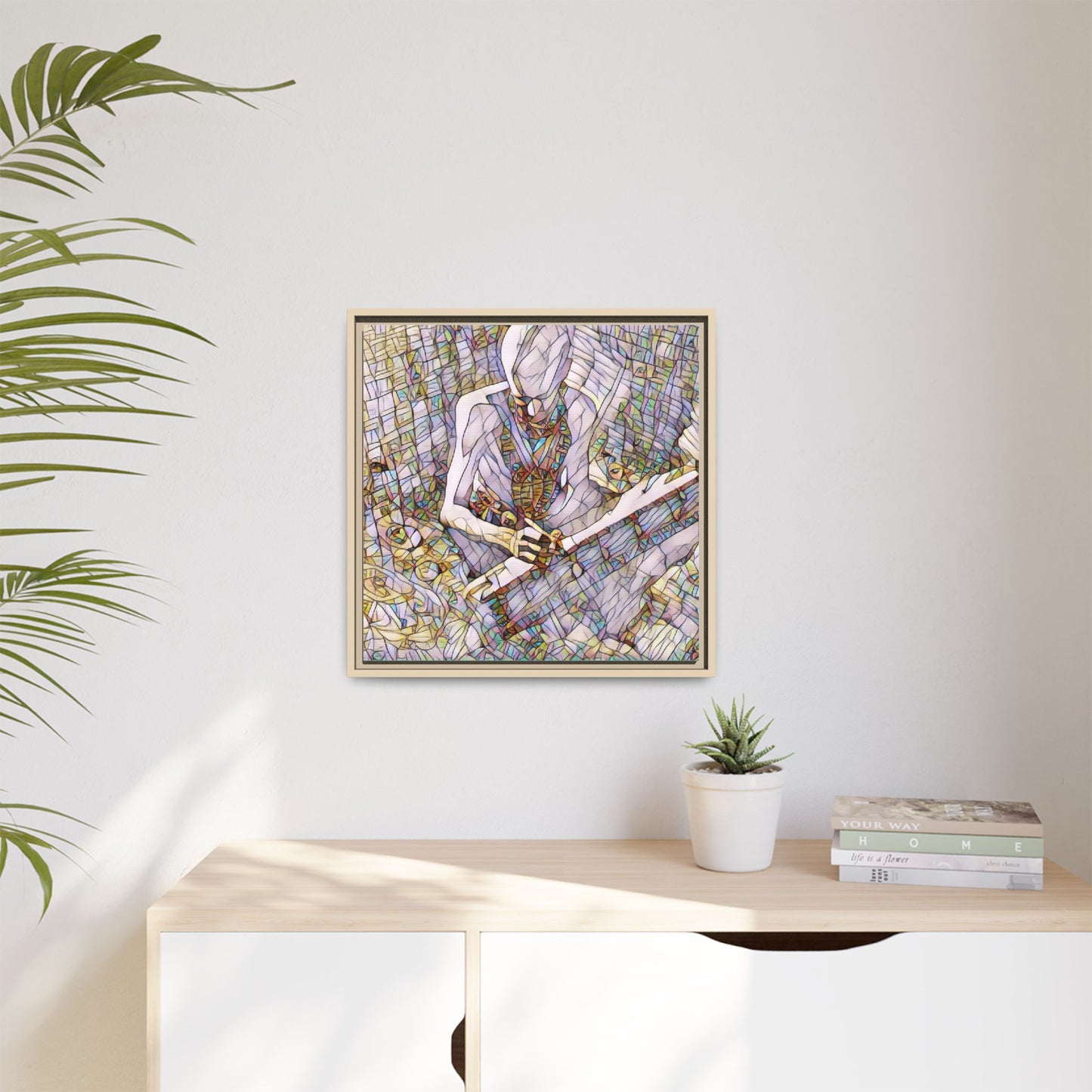 Abstract Fantasy Warrior Matte Framed Canvas — Colorful Stained-Glass Style Art