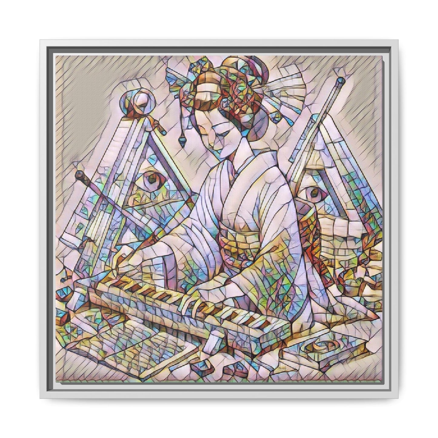 Framed Matte Canvas: Stained-Glass Geisha Wall Art