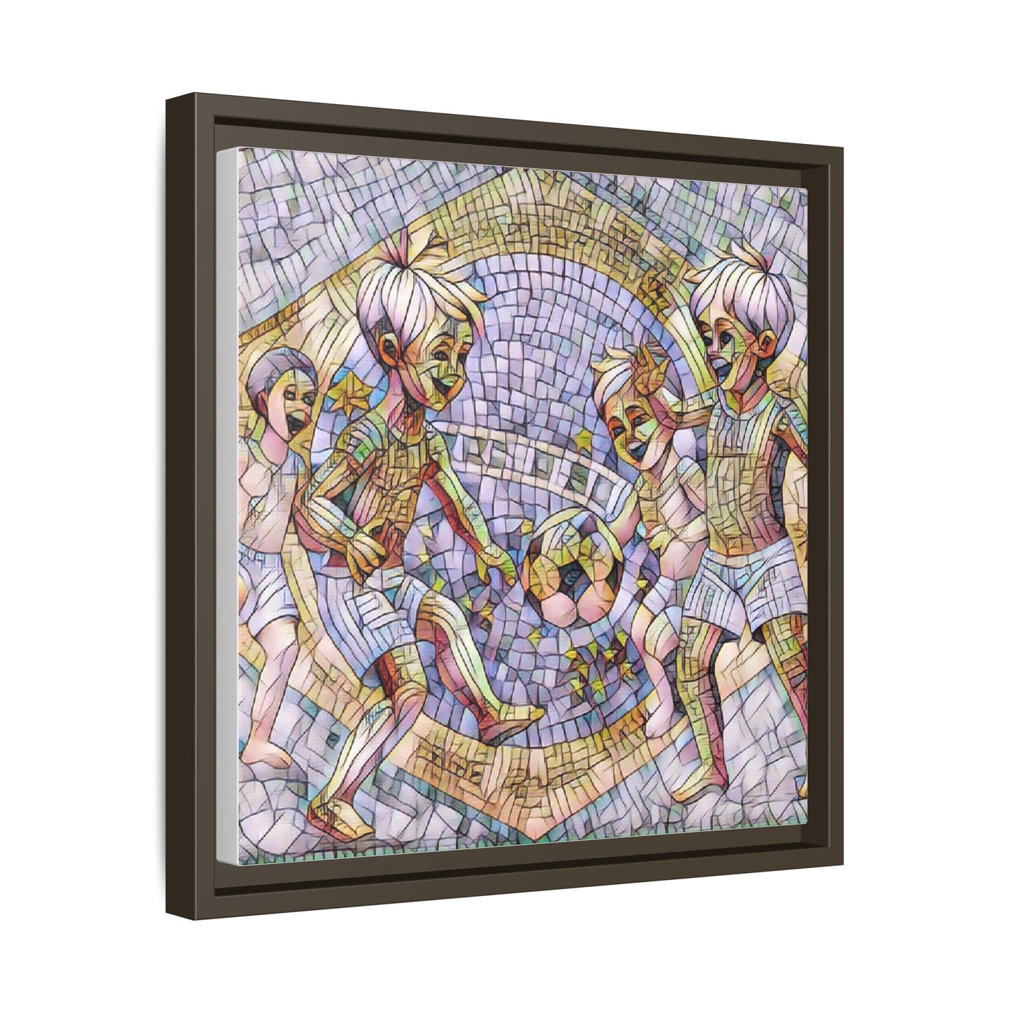 Framed Matte Canvas – Vintage Mosaic Kids Playing Soccer Art