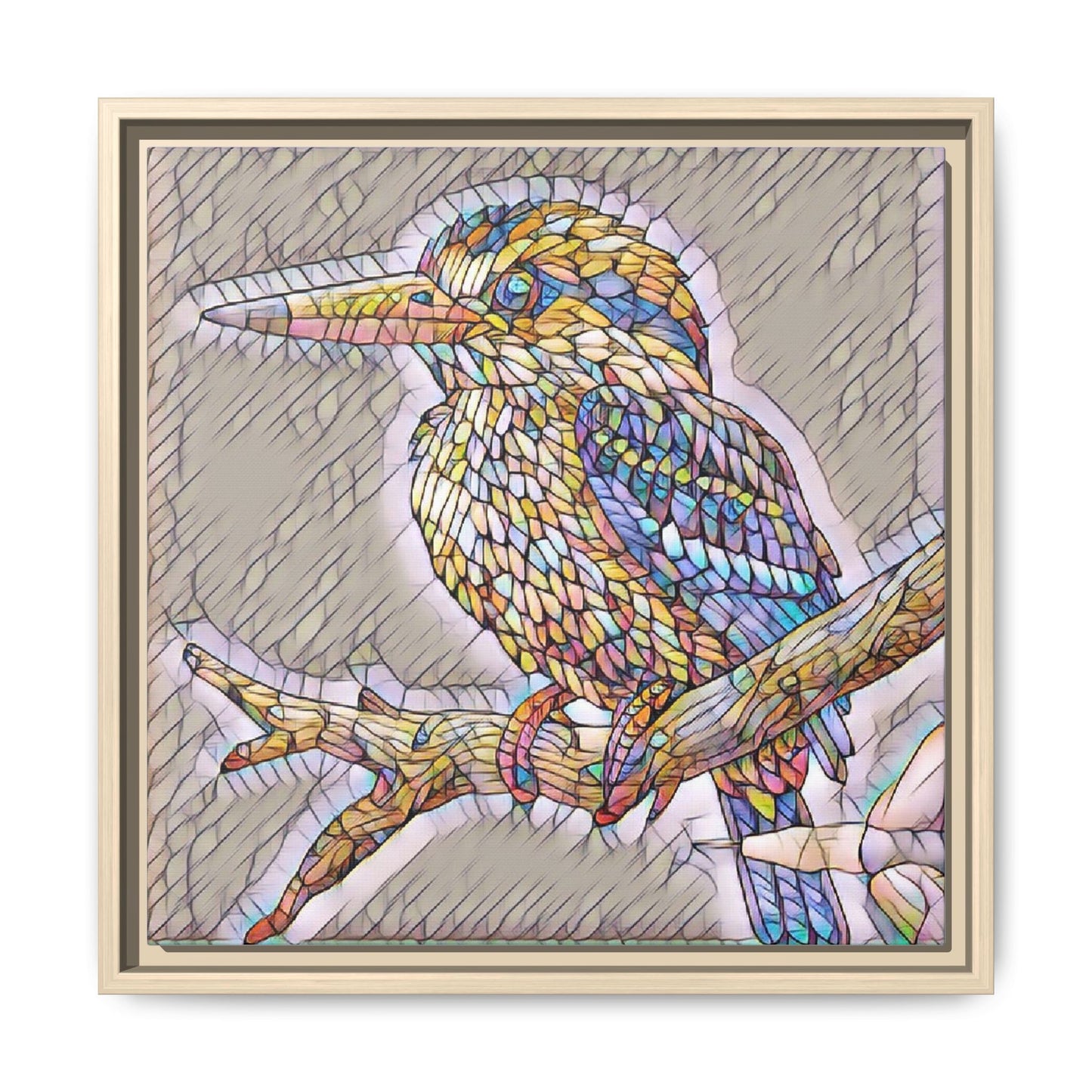 Colorful Kingfisher Framed Canvas Wall Art — Stained-Glass Style Bird Print