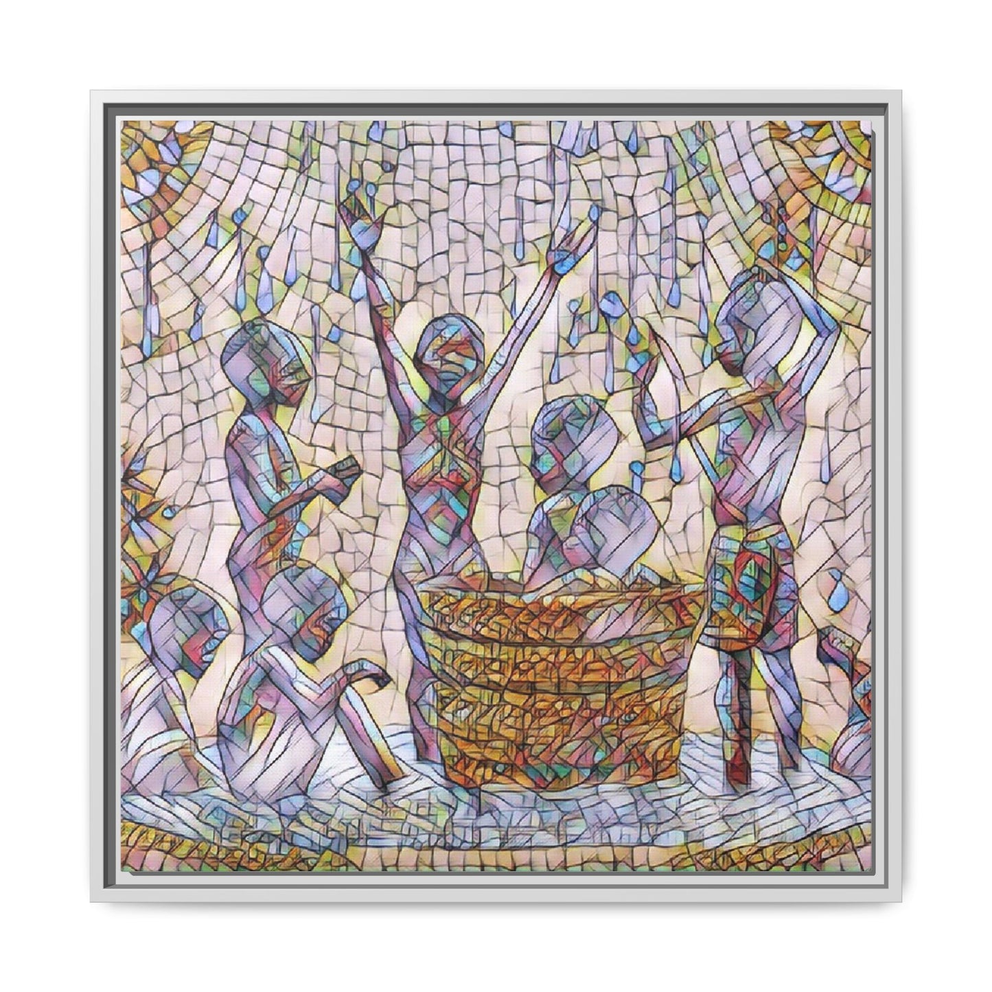 Framed Matte Canvas Art — Children Playing Mosaic Illustration