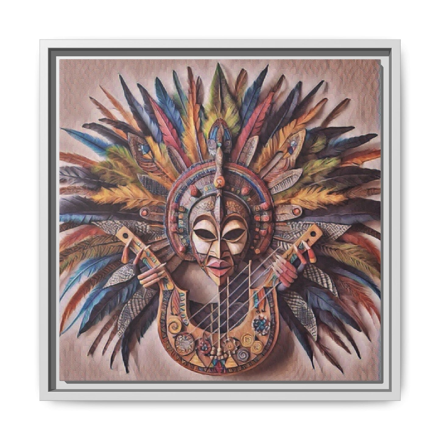 Tribal Feather Mask Guitar Framed Canvas Art — Colorful Boho Wall Decor