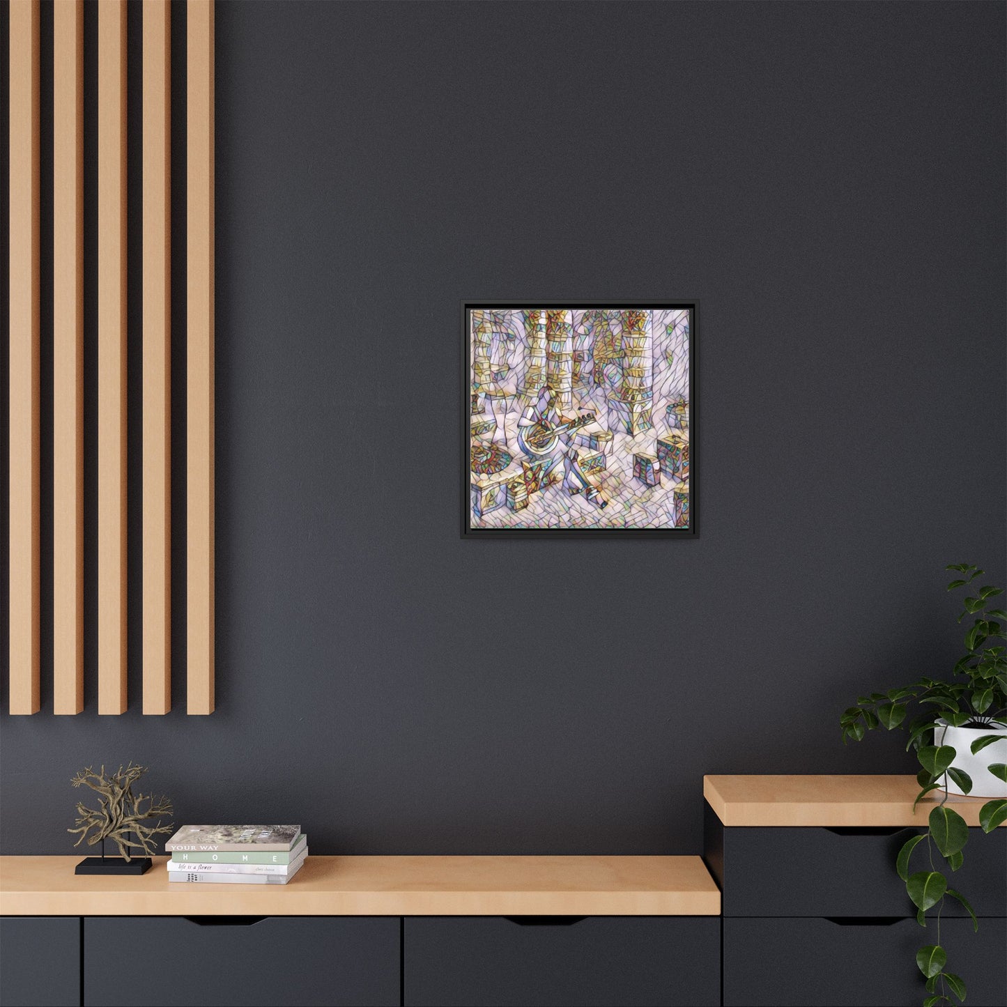 Framed Matte Canvas Art - Abstract Guitarist in Colorful Mosaic