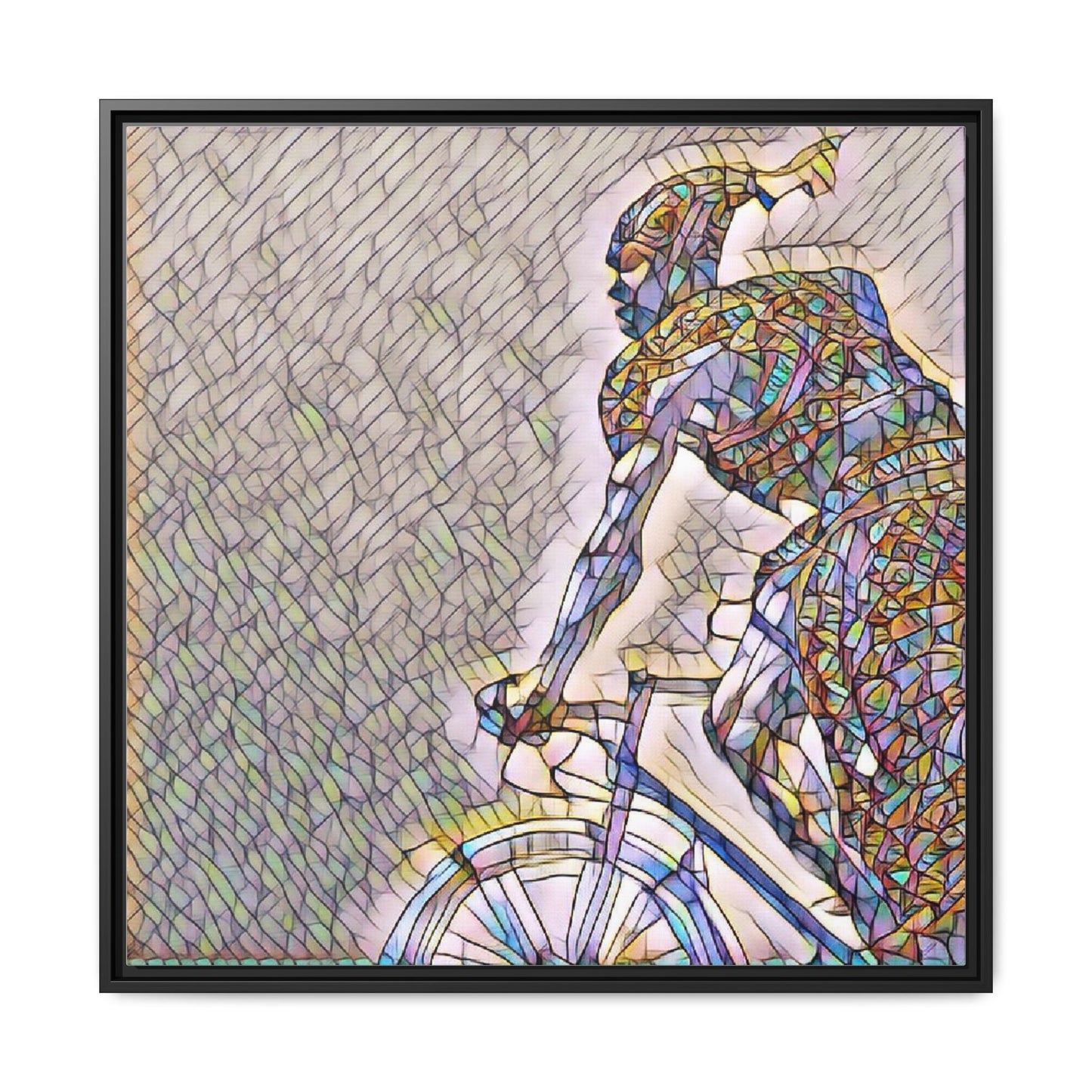 Cyclist Mosaic Matte Canvas Print — Framed Multicolor Bike Art