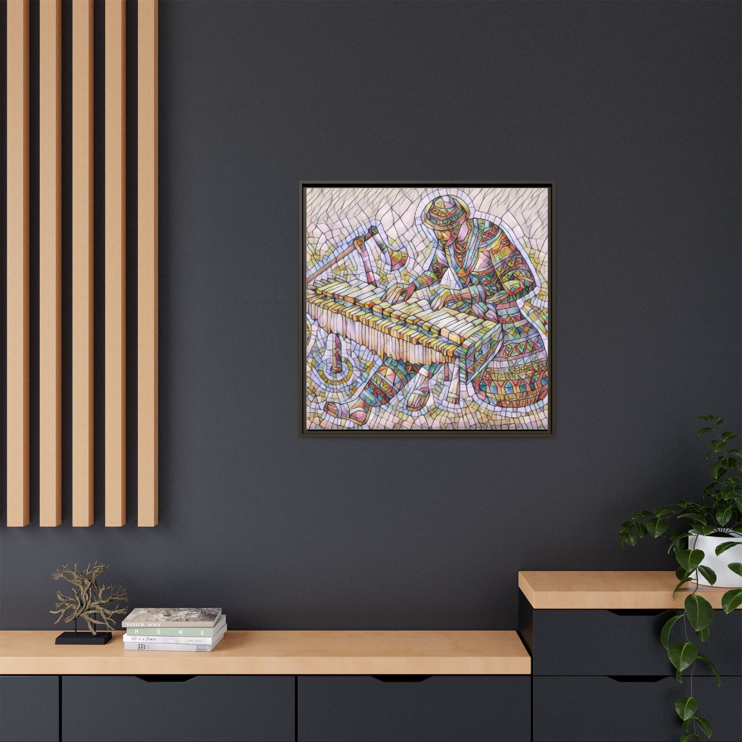 Framed Canvas Art - Colorful Mosaic Vibraphone Musician Print
