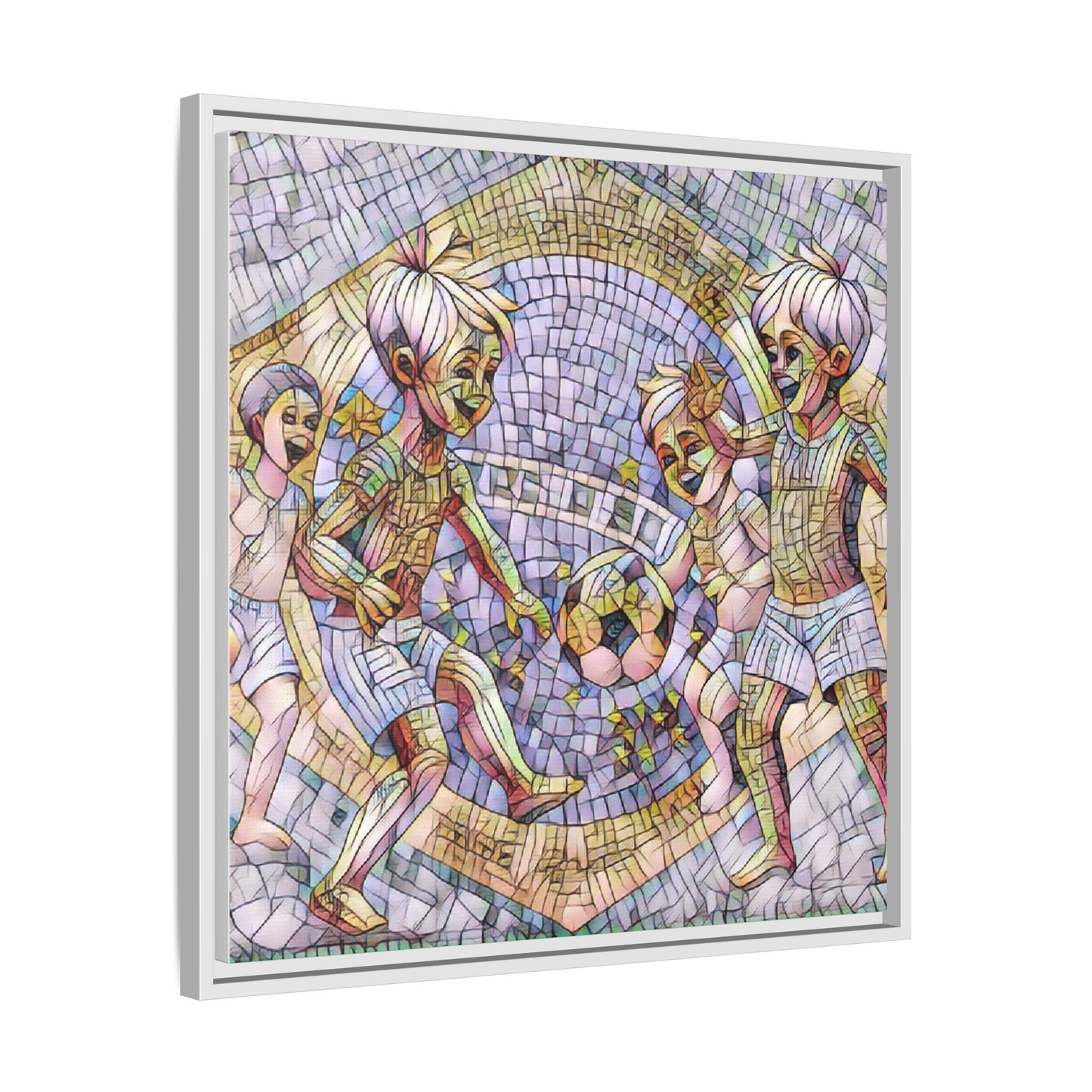Framed Matte Canvas – Vintage Mosaic Kids Playing Soccer Art