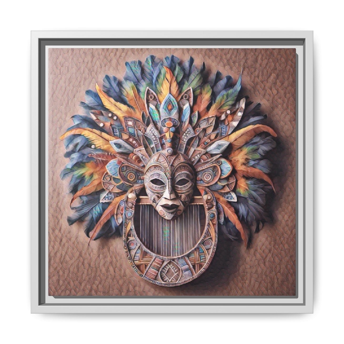 Tribal Feather Mask Framed Canvas Wall Art — Colorful Boho Decorative Print