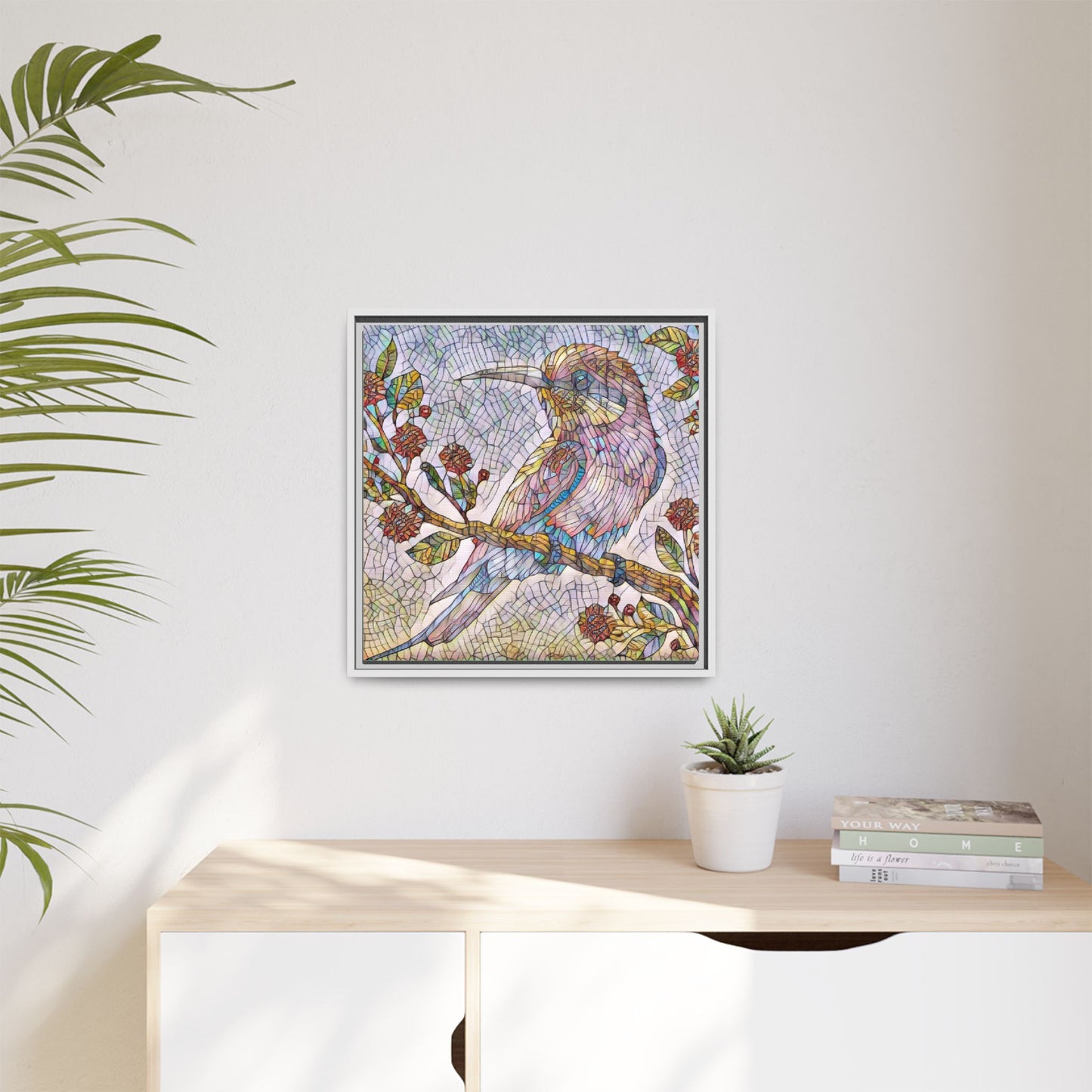 Framed Mosaic Bird Art Print — Colorful Kookaburra Wall Canvas