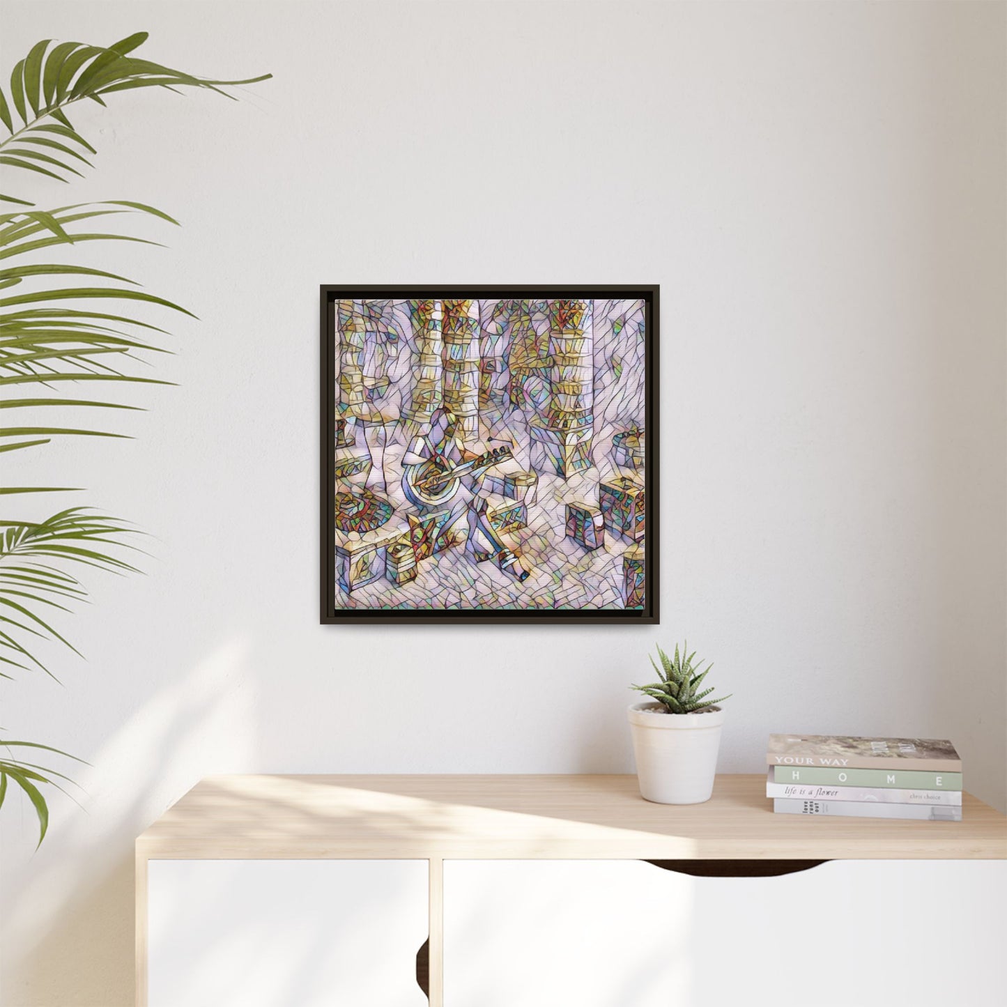 Framed Matte Canvas Art - Abstract Guitarist in Colorful Mosaic
