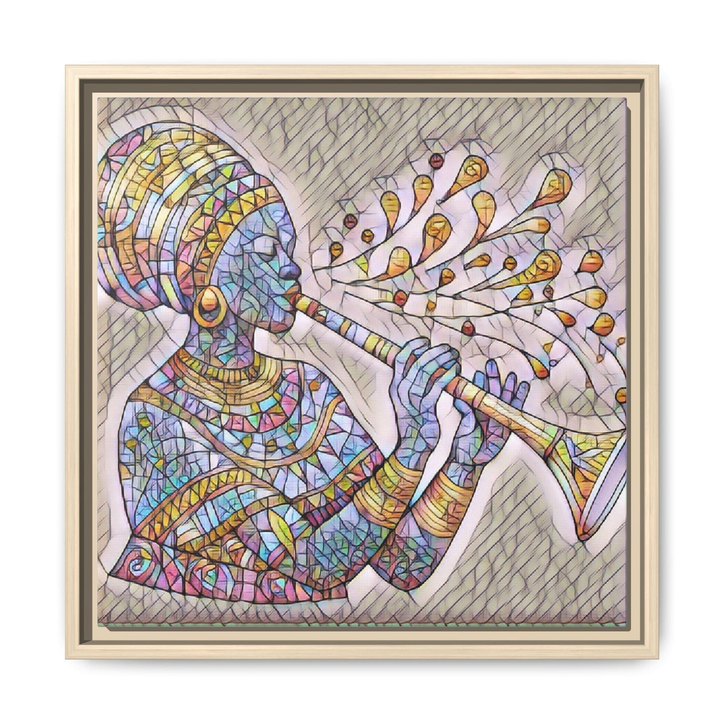 Framed Matte Canvas Art – Colorful African Musician Trumpet Print