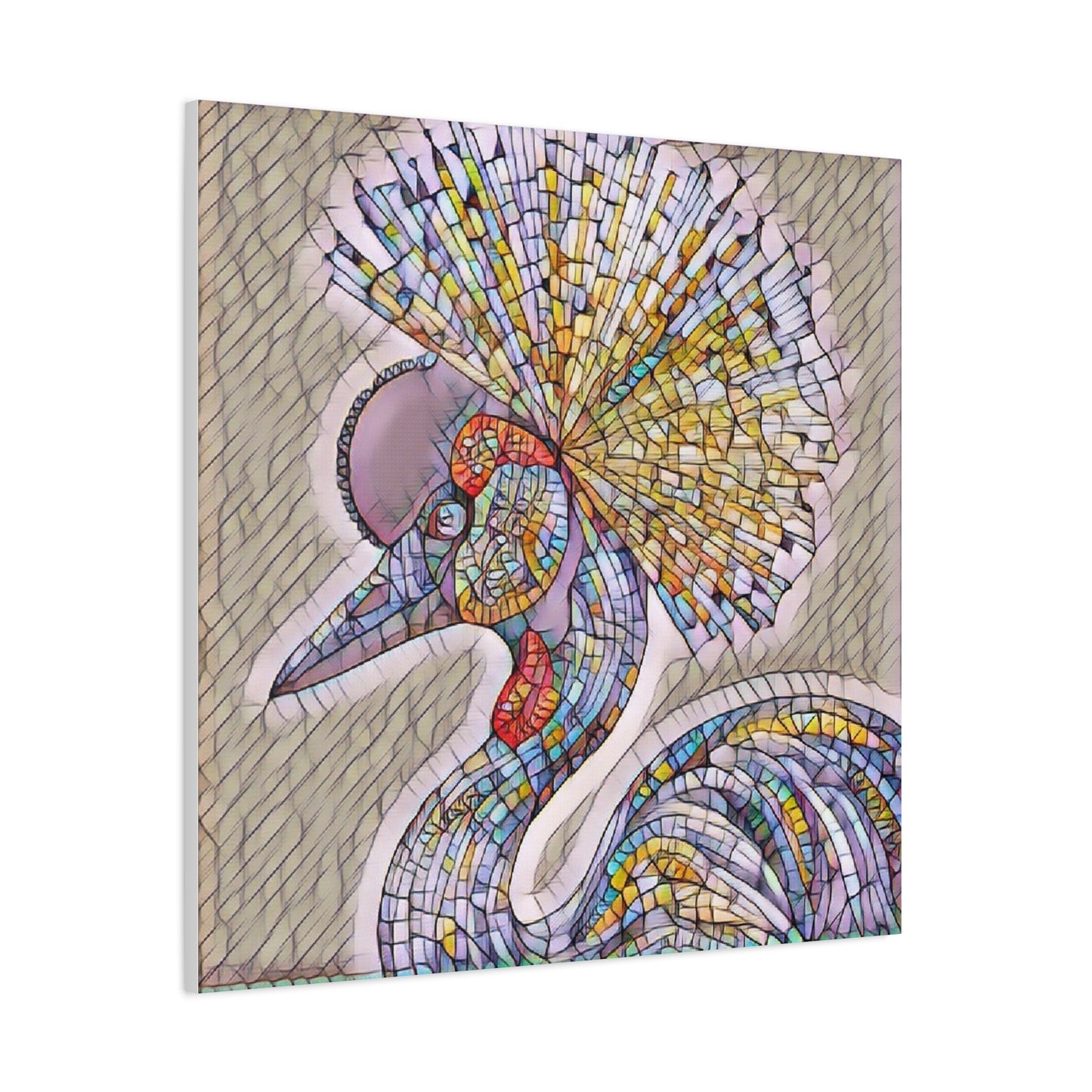 Colorful Mosaic Crowned Crane Canvas Wall Art — Stretched Matte Print