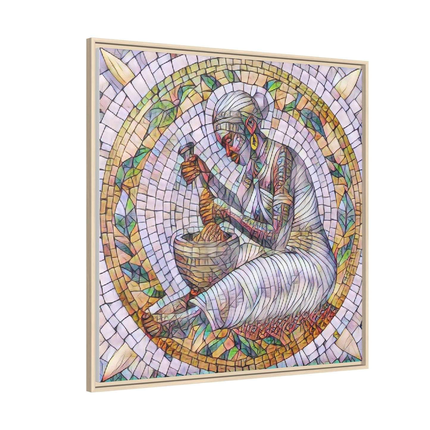 Framed Mosaic Art Print — Woman Grinding Grain (Matte Canvas)