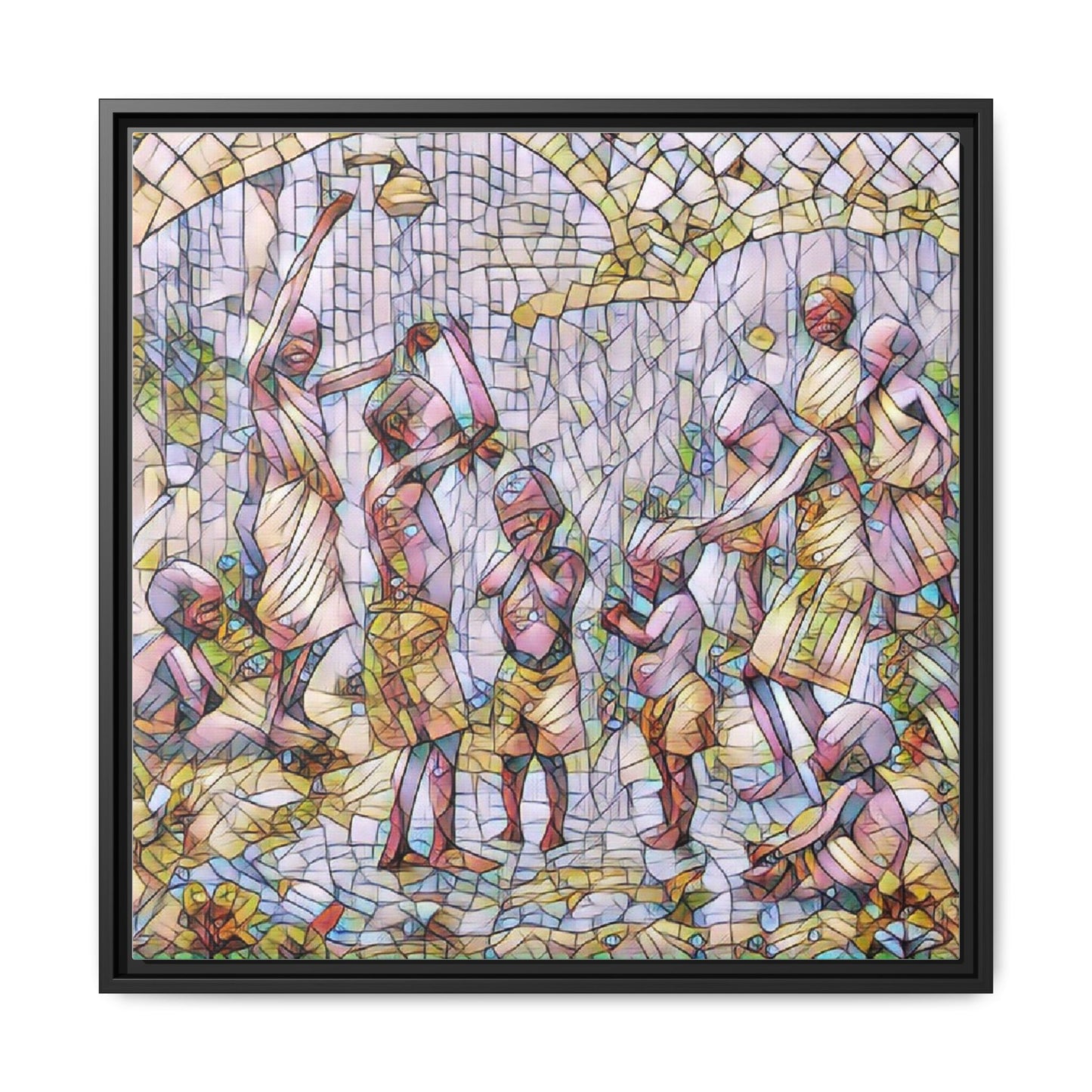 Framed Matte Canvas – Colorful Mosaic Children Playing Wall Art