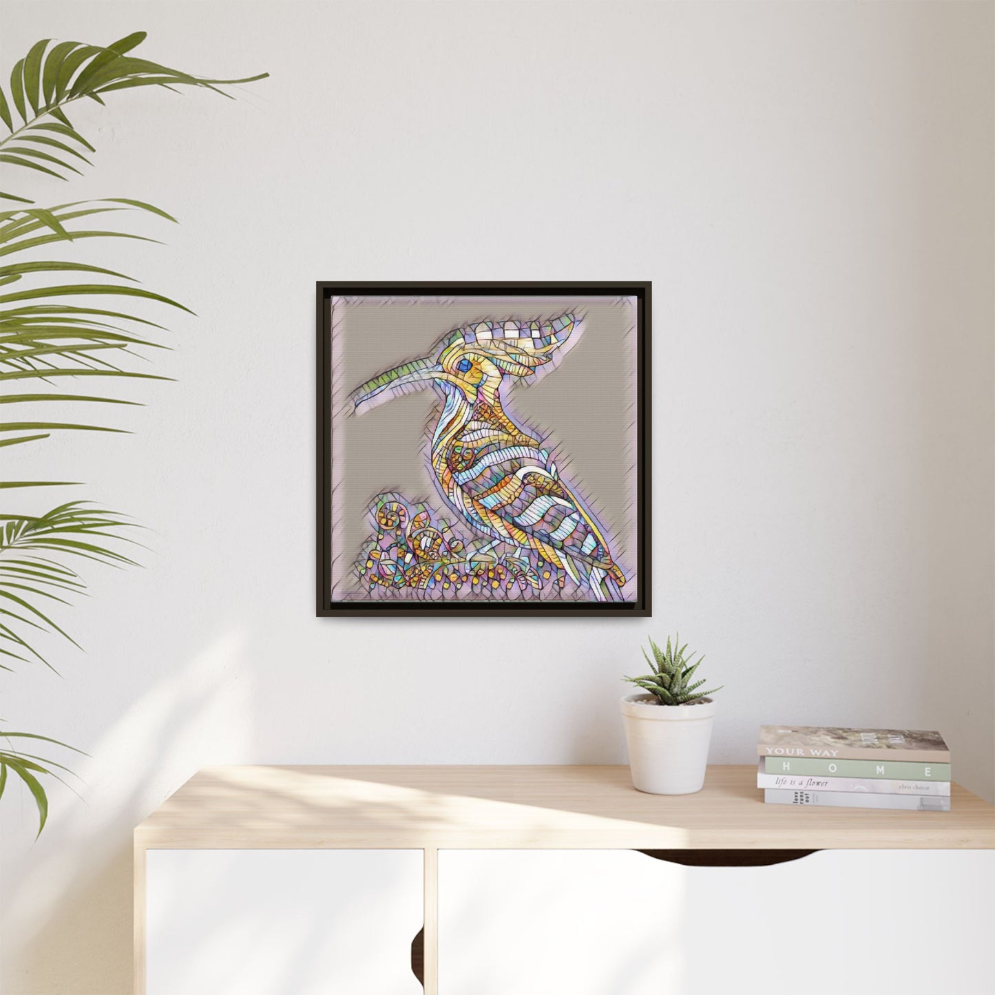 Colorful Mosaic Bird Framed Canvas Art — Whimsical Hoopoe Wall Decor