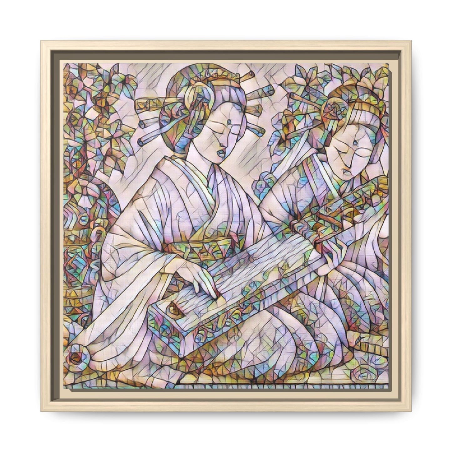Framed Matte Canvas Print — Stained-Glass Geisha Duo