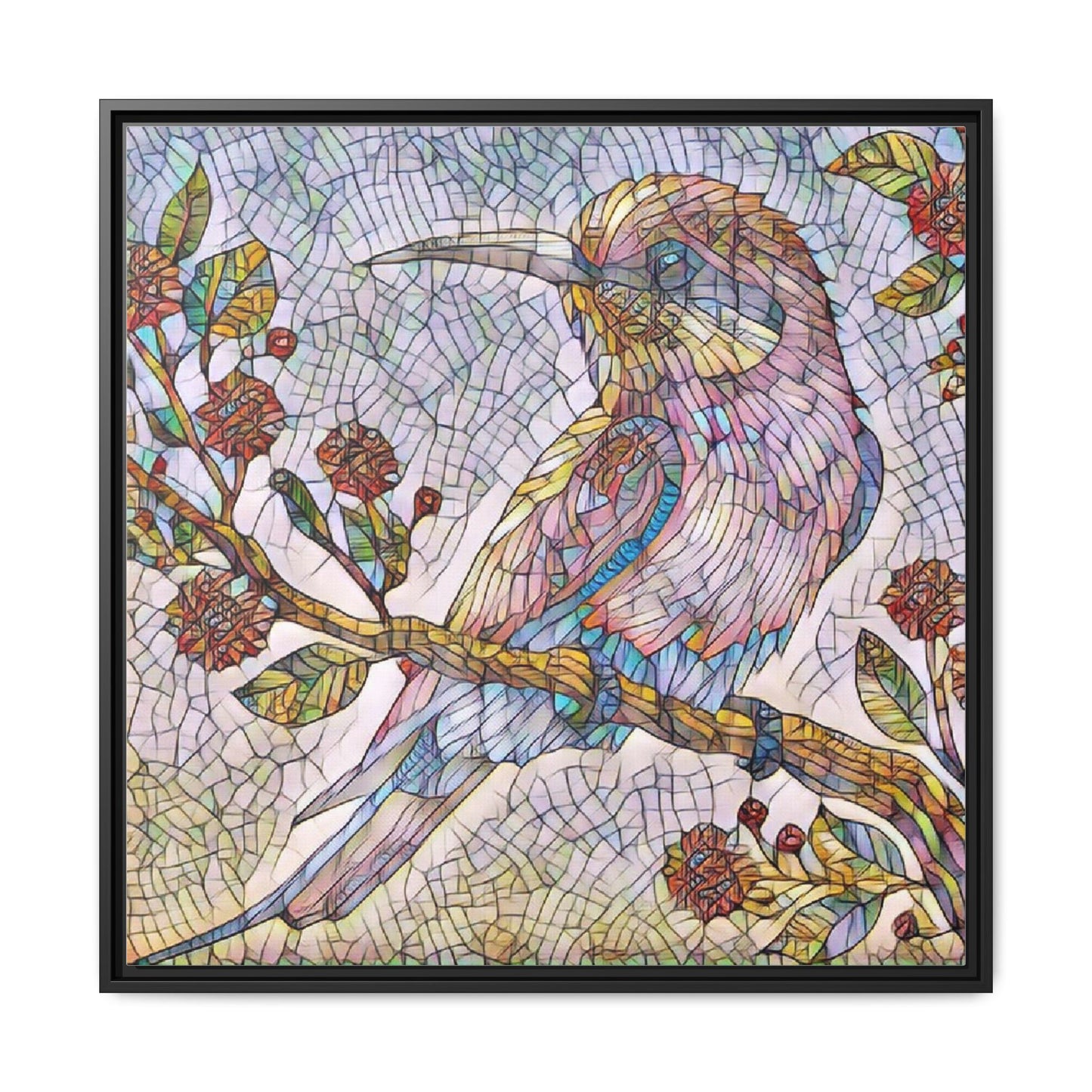 Framed Mosaic Bird Art Print — Colorful Kookaburra Wall Canvas