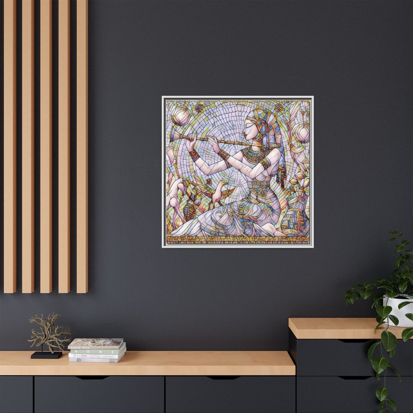Egyptian Flute Player Framed Canvas Art — Colorful Mosaic Wall Decor