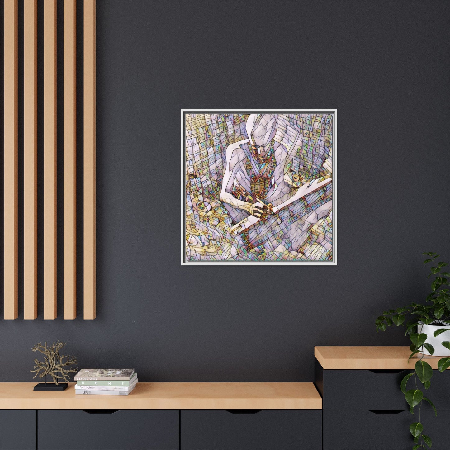 Abstract Fantasy Warrior Matte Framed Canvas — Colorful Stained-Glass Style Art