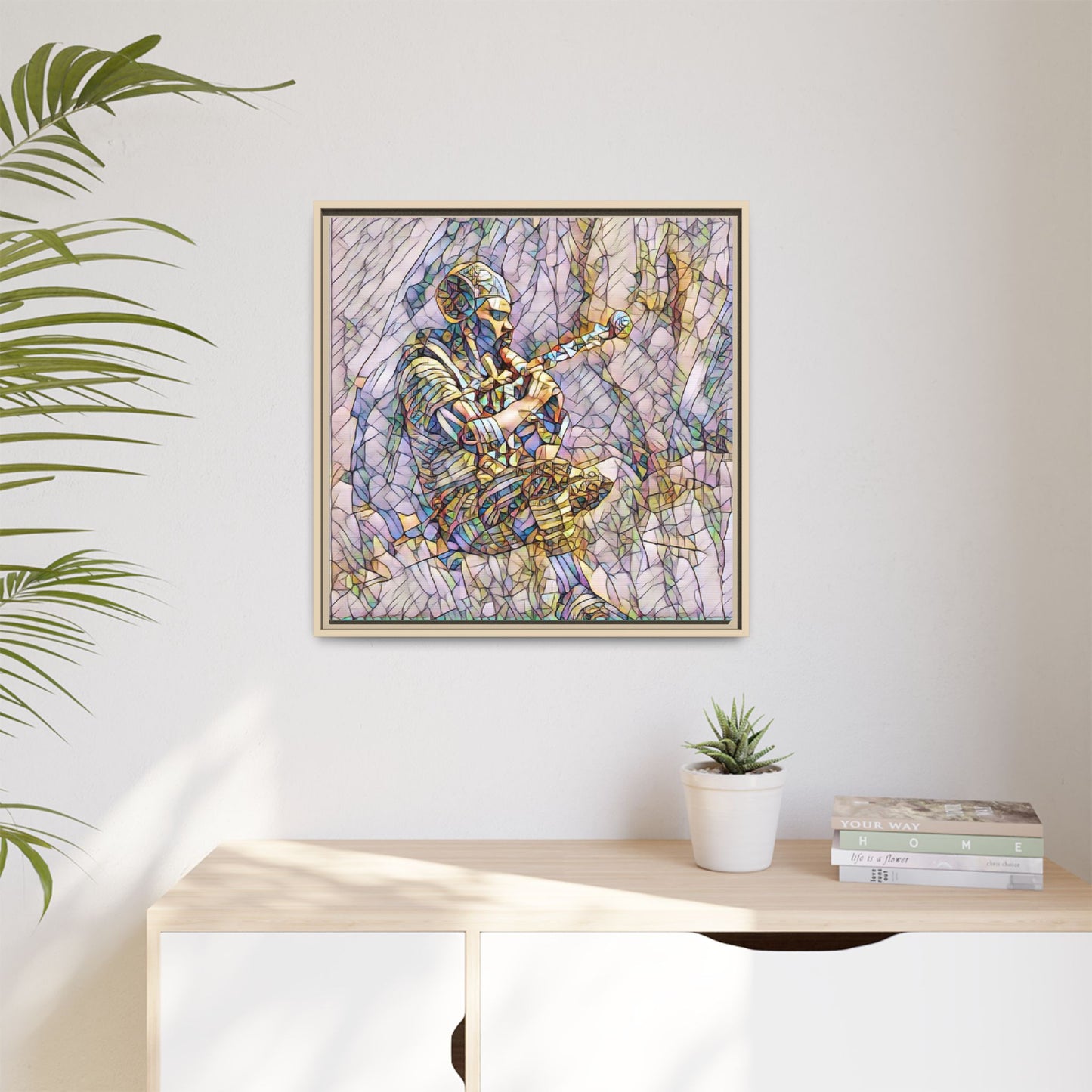 Celtic Piper Framed Matte Canvas — Stained-Glass Style Highland Bagpiper Art