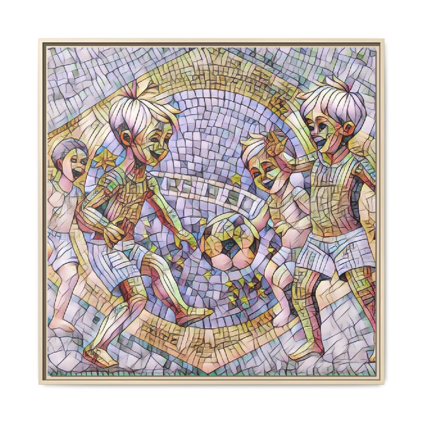 Framed Matte Canvas – Vintage Mosaic Kids Playing Soccer Art