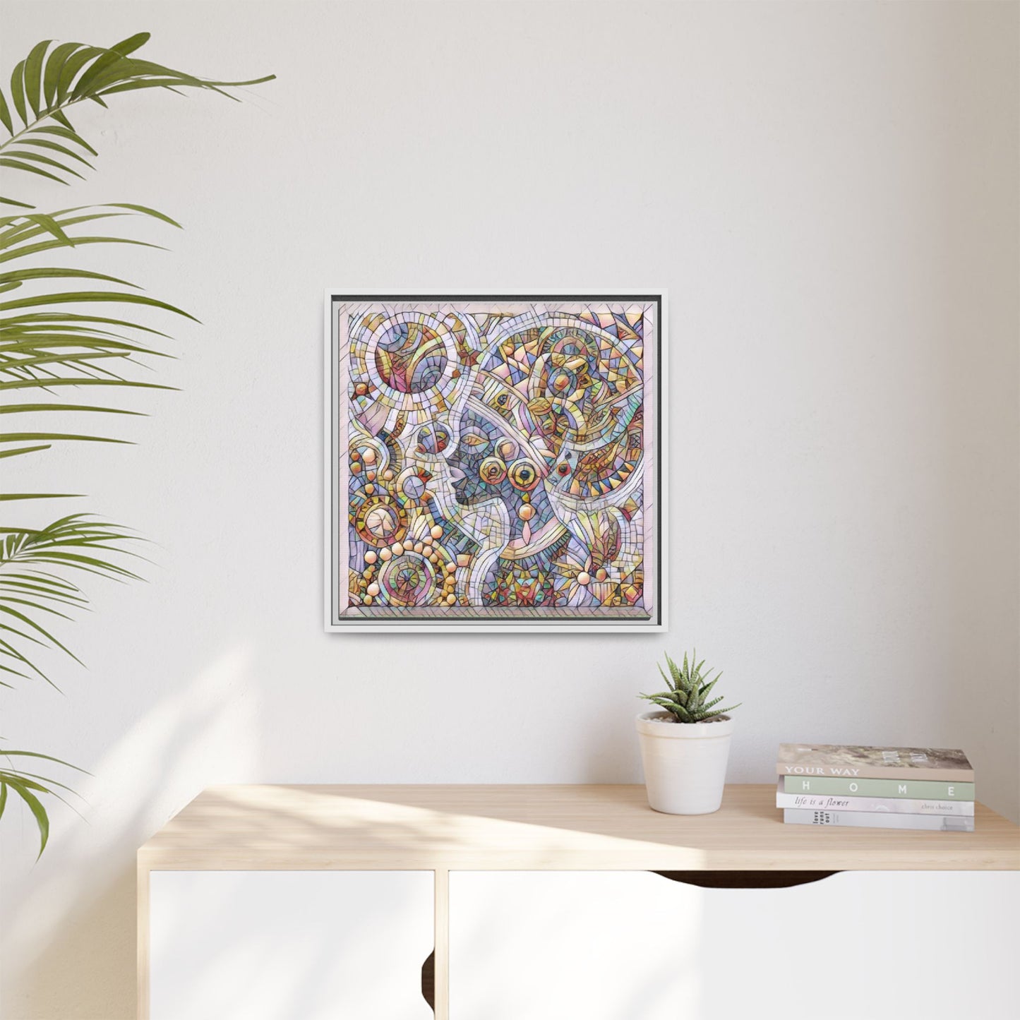 Abstract Mosaic Framed Canvas Art — Multicolor Geometric Wall Decor