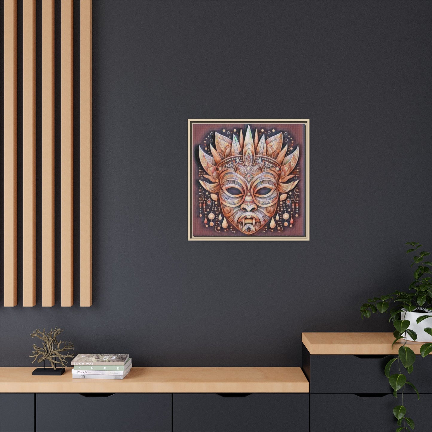 Tribal Sun Mask Framed Canvas Art — Boho Ethnic Wall Decor