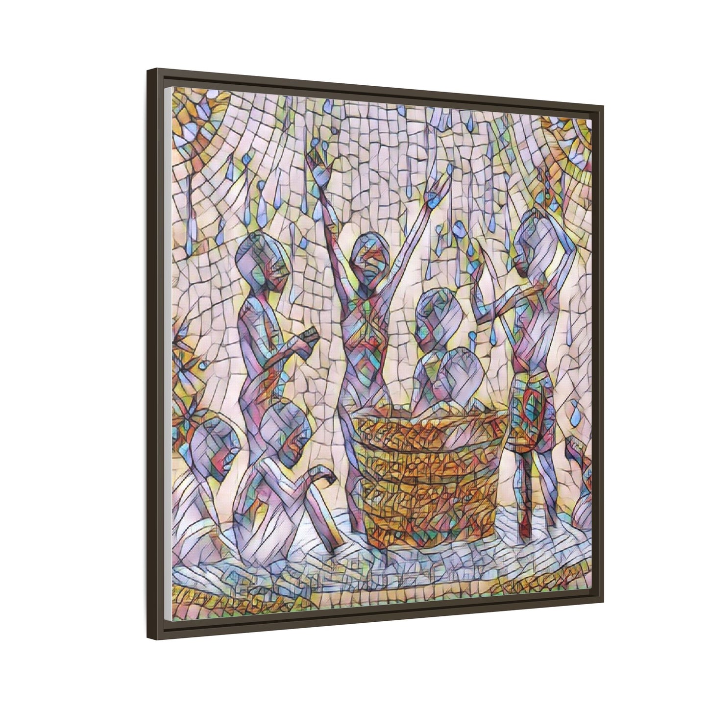 Framed Matte Canvas Art — Children Playing Mosaic Illustration