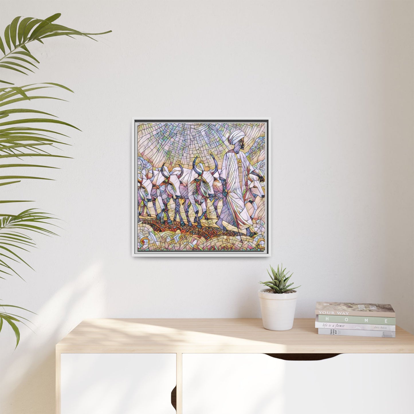 Framed Matte Canvas Art — African Herdsman Mosaic Print