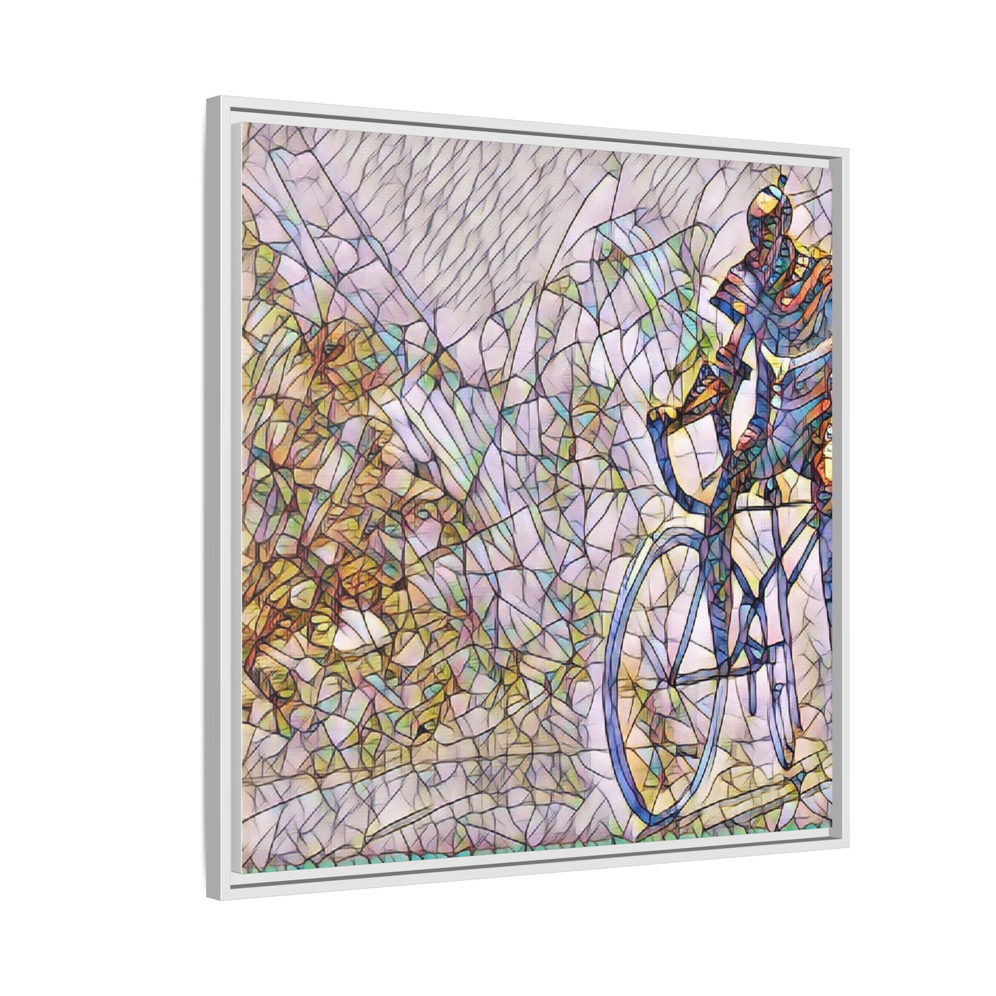 Colorful Cyclist Stained-Glass Art — Framed Matte Canvas