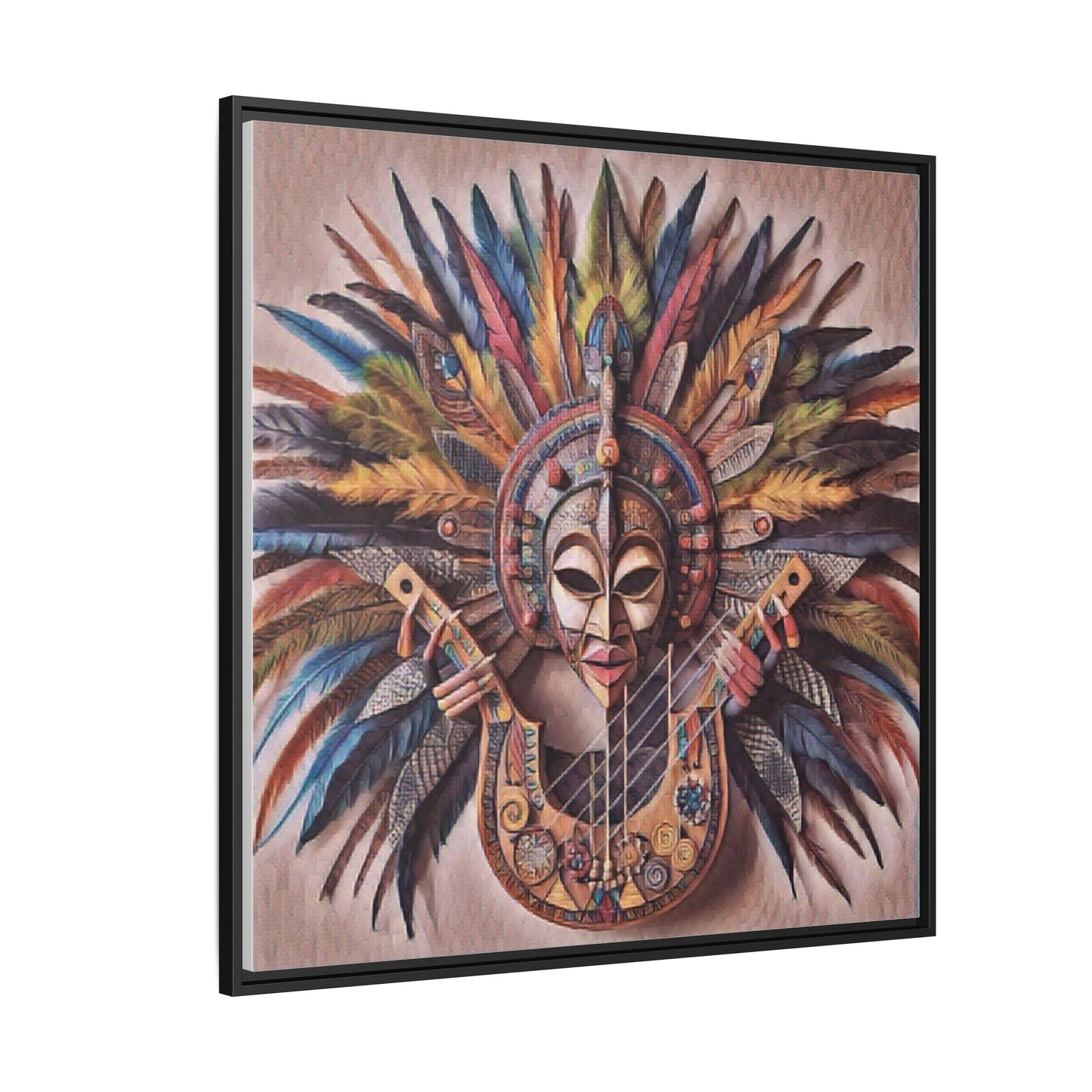 Tribal Feather Mask Guitar Framed Canvas Art — Colorful Boho Wall Decor