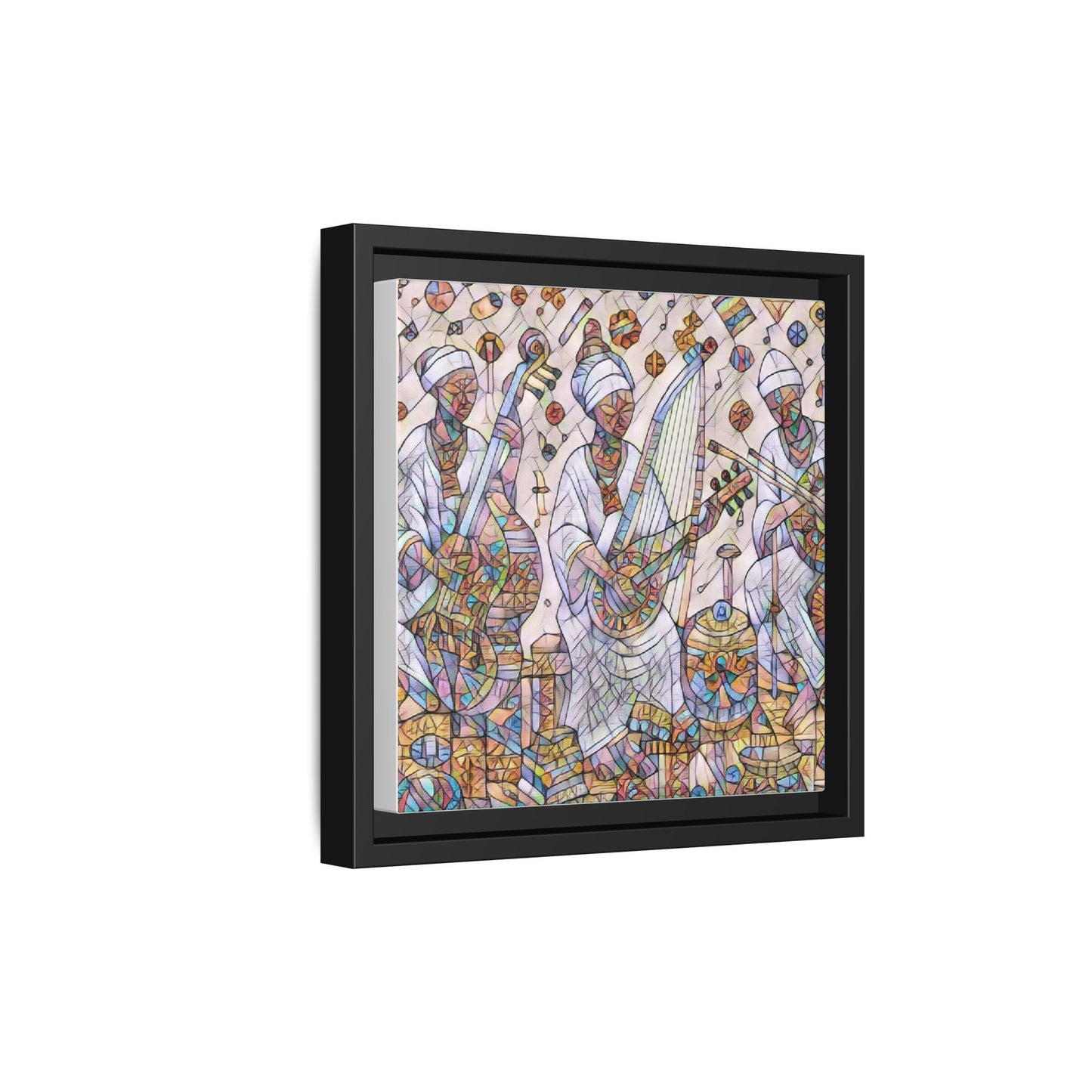 Framed Matte Canvas Print — Colorful African Musicians Stained-Glass Art