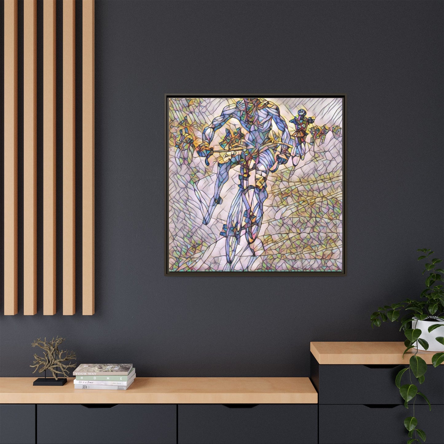Abstract Cyclist Matte Canvas Framed Art — Colorful Stained-Glass Bike Print