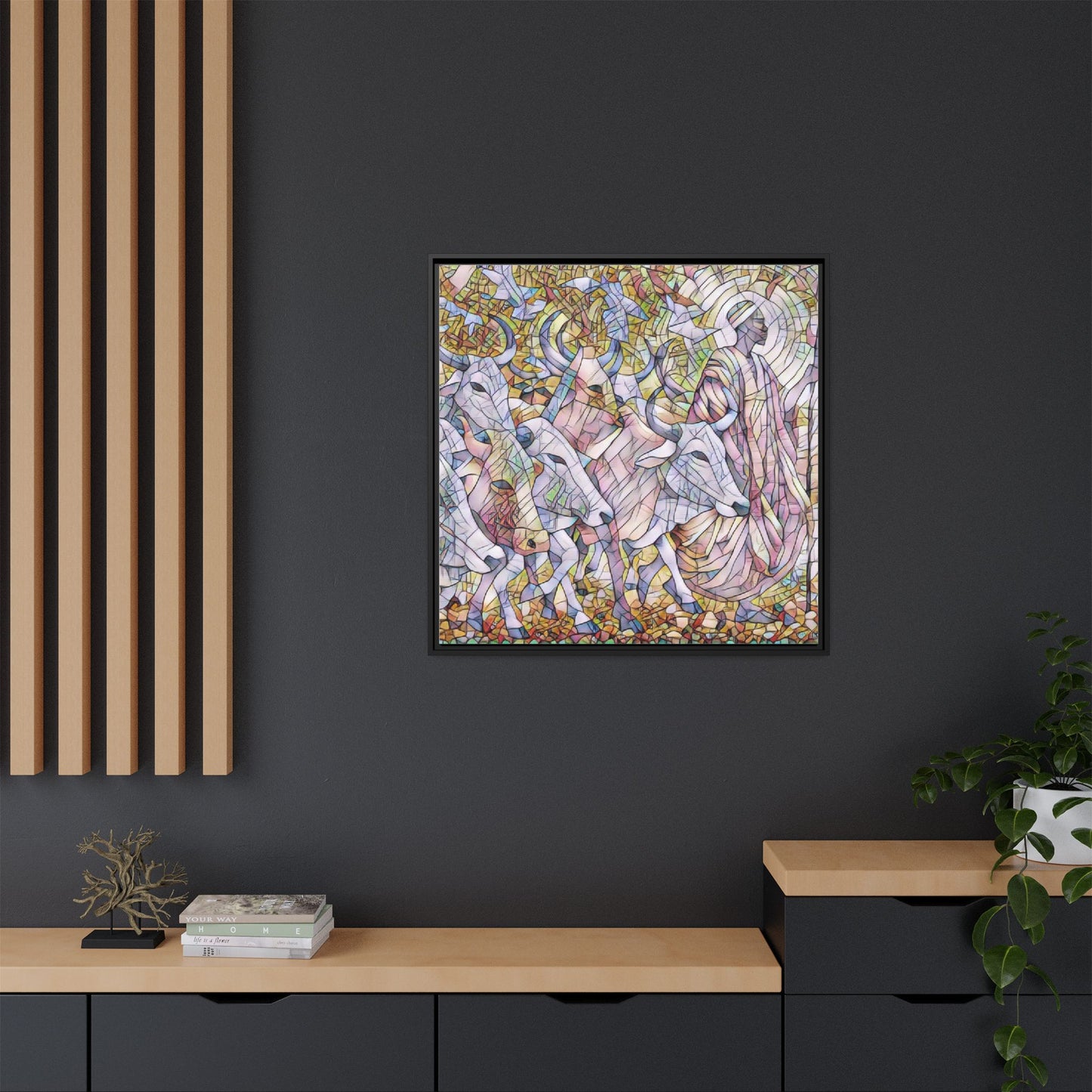 Framed Matte Canvas Art — Stained-Glass Style Cattle Herd